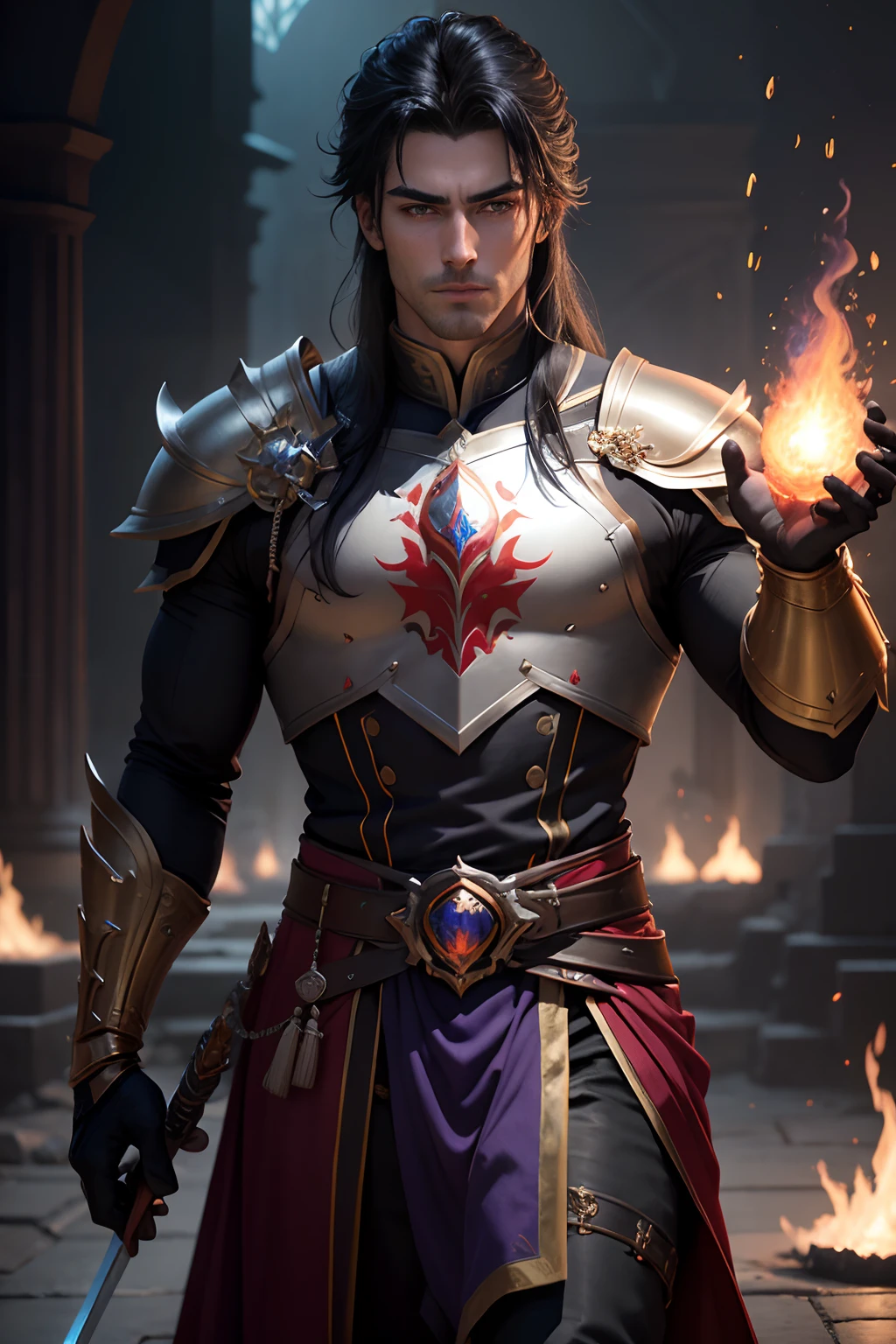 8K,Photorealsitic Raw photography top-quality;1.4) (One adult male) Super handsome without a beard (Lifelike face) long blue-black hair Handsome prince with glowing purple eyes Black and silver aristocratic exterior Black and gold trousers Golden decoration glares Equipped with a sword at the waist Wearing black leather gloves Ruins Gwaitz style realisitic Precise details unrealengine Beautiful expression Details of each part A red fireball glows in the palm(effect) 超A high resolution A hyper-realistic attractive male Foot Armor real looking skin Fantasy Emperor Handsome man without a beard