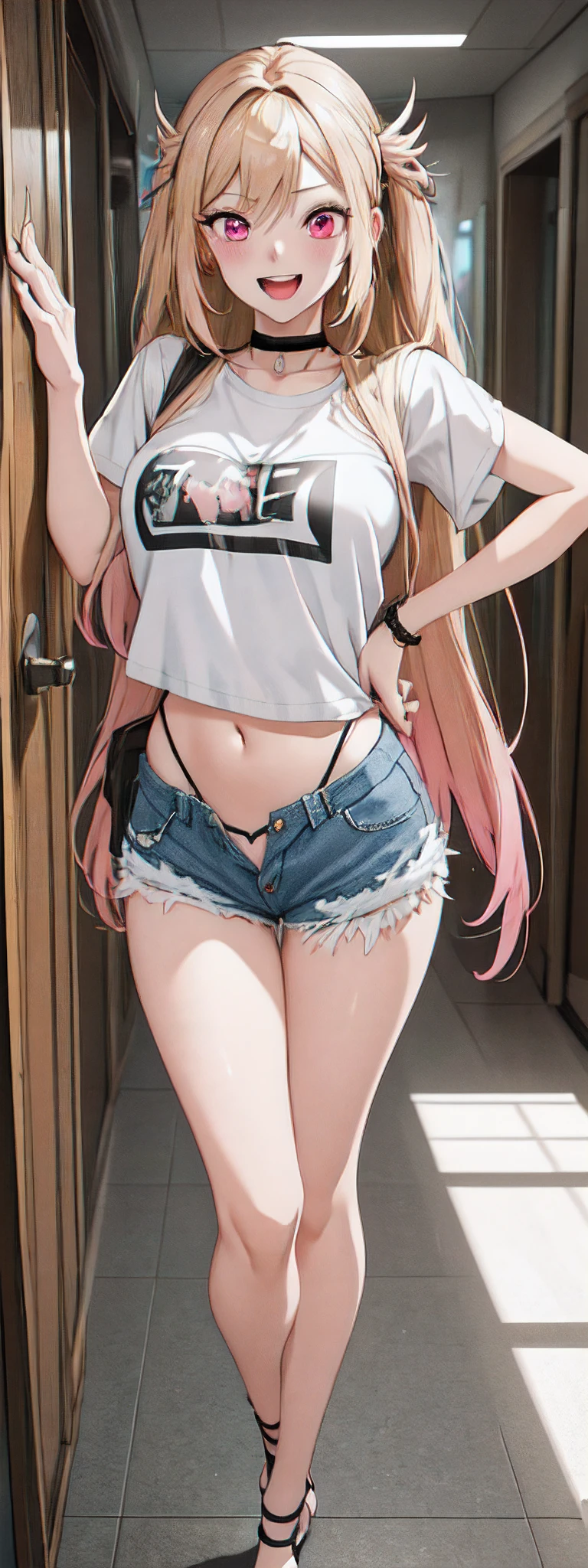 best quality,ultra-detailed,high resolution,extremely detailed cg,anime picture,unity 8k wallpaper,
blond hair,pink eyes,long hair,ripped shorts,white shirt,purse,navel,looking at viewer,hair ornament,smile,pov doorway,open mouth,denim,x hair ornament,cyberpunk,