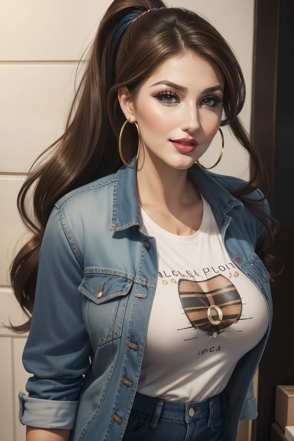 Lucy Pinder, face portrait, ((Very Intense Makeup)), smiling, ((natural lipstick)), ((woman in makeup)), long hair, brown hair, ponytail, Voluptuous Woman, cream t-shirt, blue jacket plaid, blue jeans, hoop earrings