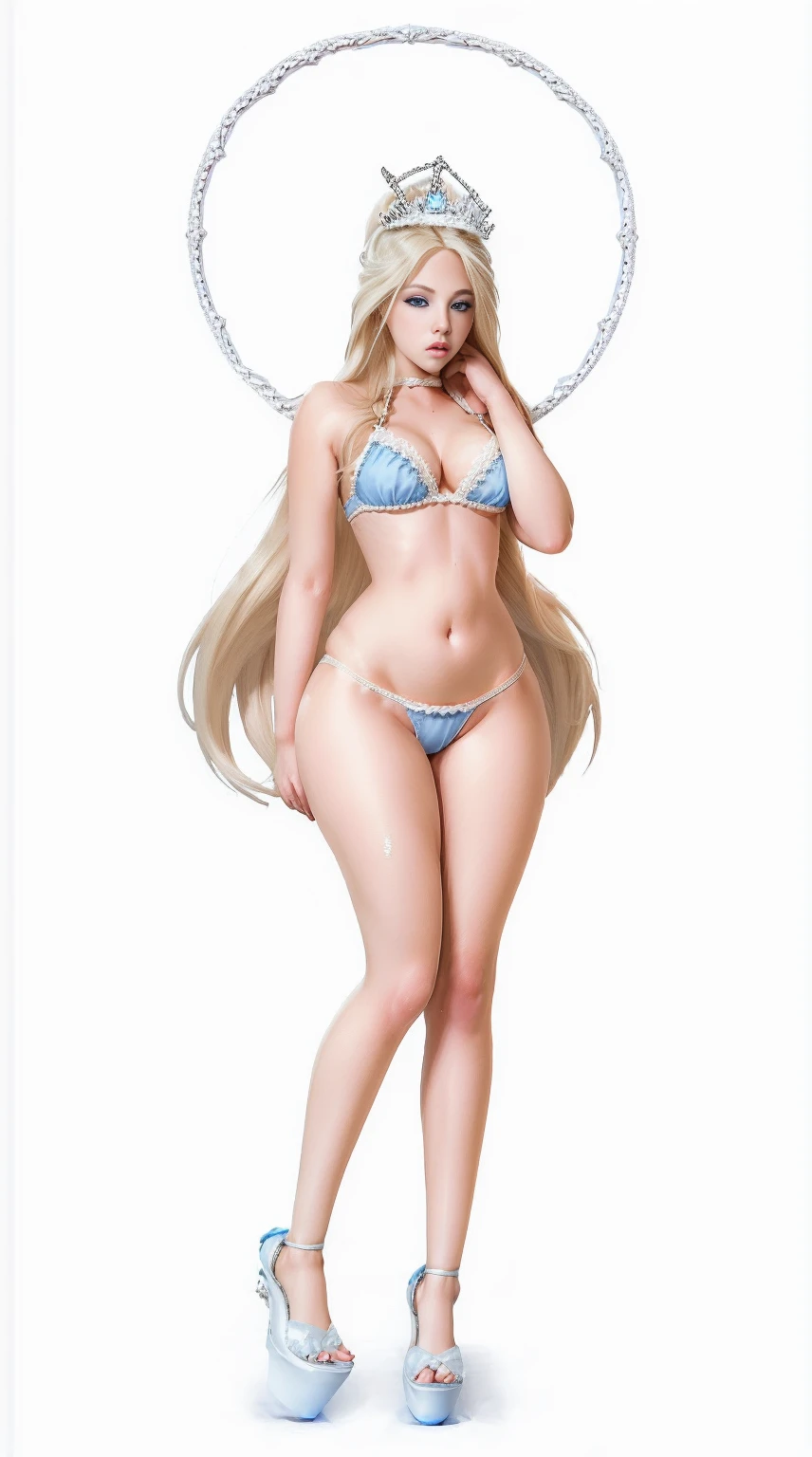 full body standing symmetrical barefeet ((very white skin, girl blue eyes, long blonde hair, big knockers cover BRA tiara))