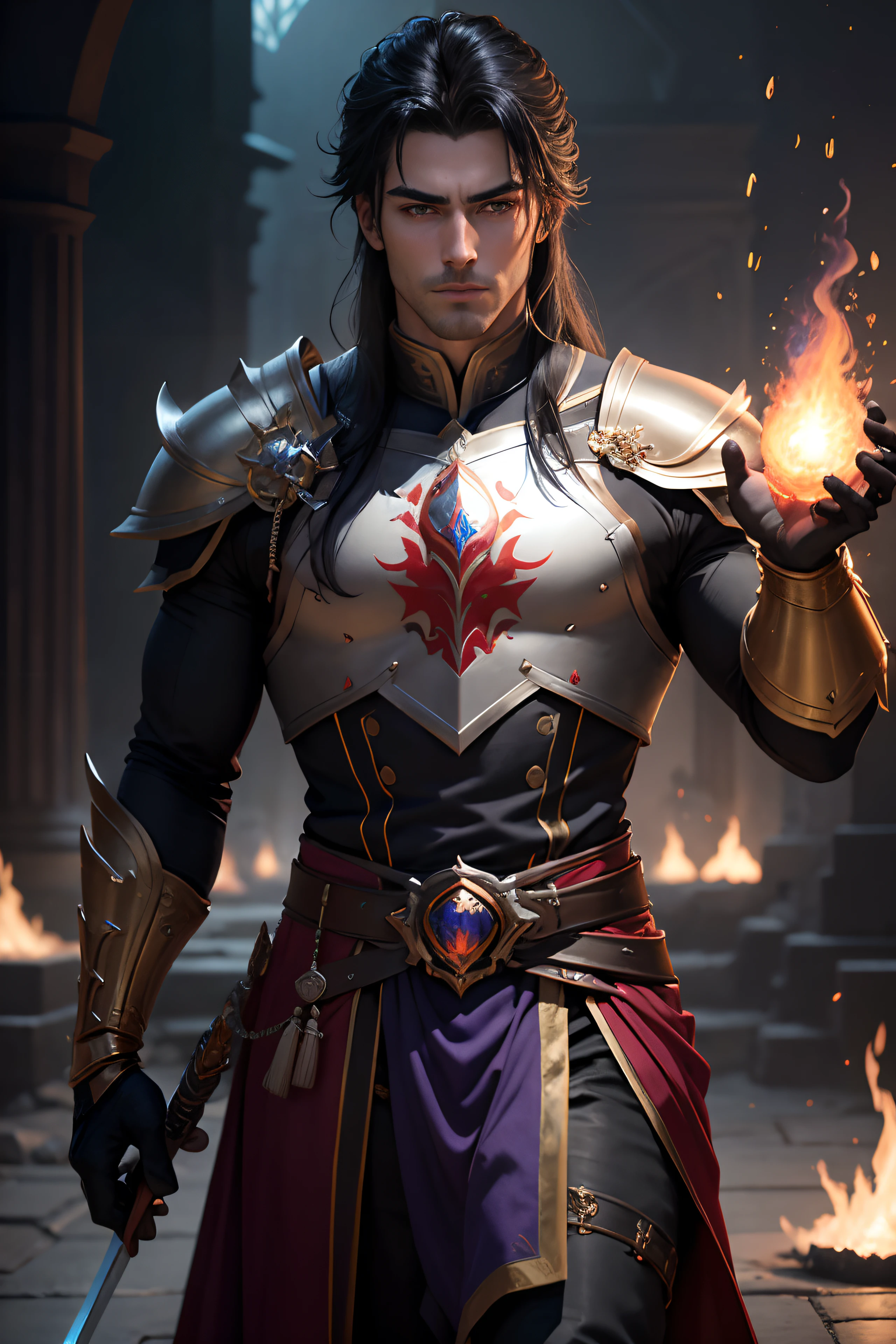 8K,Photorealsitic　Raw photography　top-quality;1.4) 　(One adult male)　Super handsome without a beard　(Lifelike face)　long blue-black hair　Handsome prince with glowing purple eyes　Black and silver aristocratic exterior　Black and gold trousers　Golden decoration　glares　Equipped with a sword at the waist　Wearing black leather gloves　Ruins　Gwaitz style　realisitic　Precise details　unrealengine　Beautiful expression　Details of each part　A red fireball glows in the palm(effect)　超A high resolution　A hyper-realistic　attractive male　Foot Armor　real looking skin　Fantasy Emperor　Handsome man without a beard