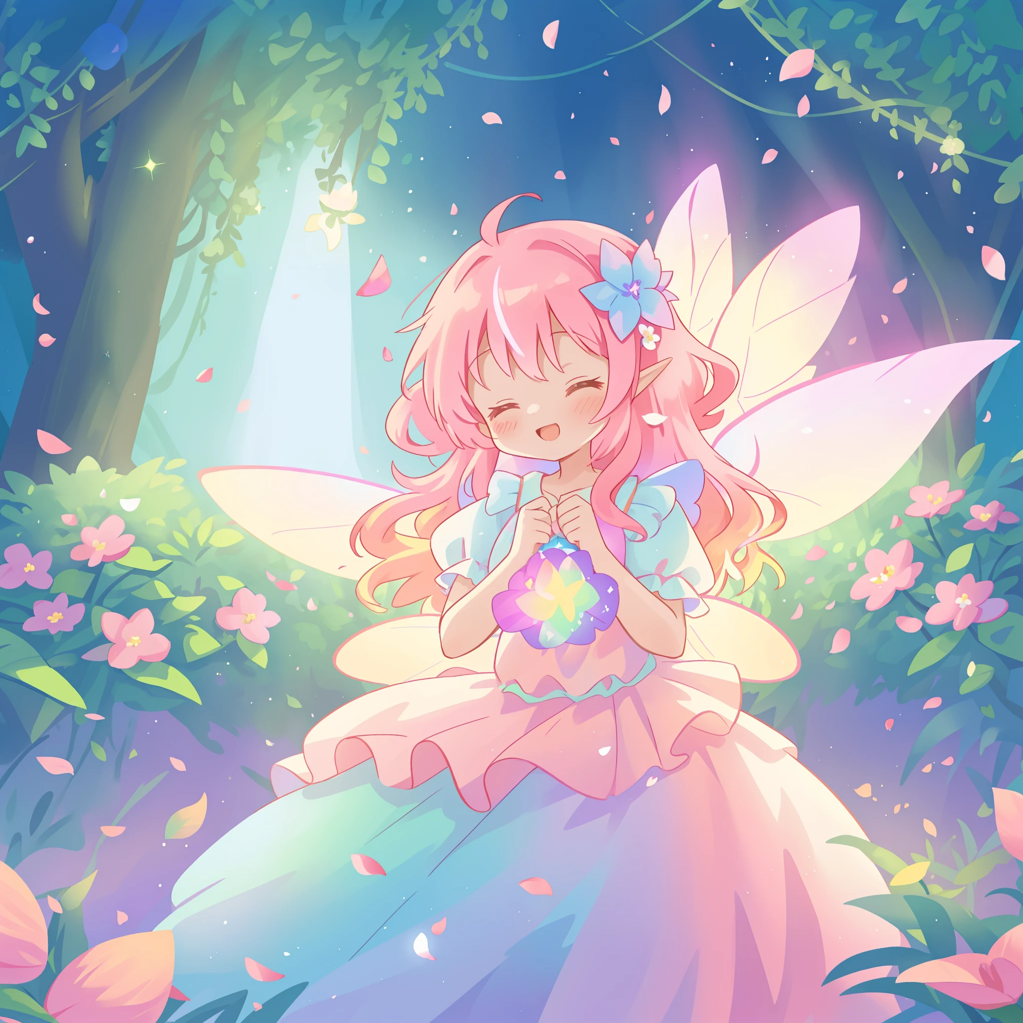 beautiful fairy girl in tiered colorful gradient ballgown dress, gradient sparkling fairy dress, ((layered multi-colored flower petal skirt)), fairy dress, fairy queen, magical forest background, (glowing fairy wings), glowing flowing ballgown, long pink wavy hair, ((huge sparkling fairy wings)), flowers and colorful plants, glowing aura around her, beautiful, masterpiece, best quality