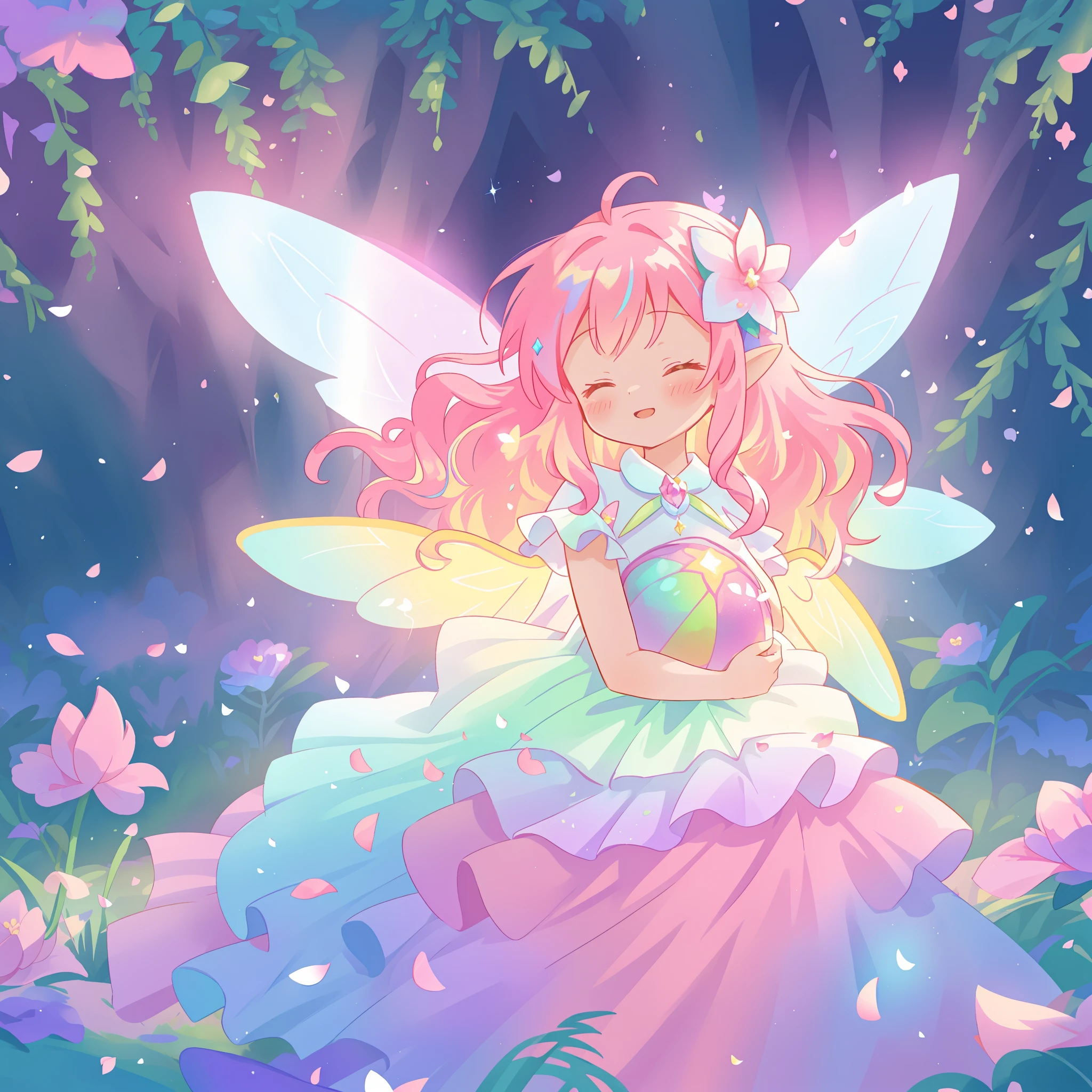 beautiful fairy girl in tiered colorful gradient ballgown dress, gradient sparkling fairy dress, ((layered multi-colored flower petal skirt)), fairy dress, fairy queen, magical forest background, (glowing fairy wings), glowing flowing ballgown, long pink wavy hair, ((huge sparkling fairy wings)), flowers and colorful plants, glowing aura around her, beautiful, masterpiece, best quality