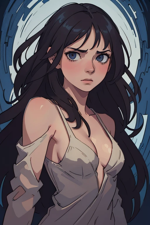 (8k, RAW photo, best quality, masterpiece:1.2), (realistic, photo-realistic:1.37) , 1girl, close-up, face view, no_clothes, natural, naked, detailed eyes, detailed small breasts, detailed ,
very beautiful sad young 18yo woman, long dark hair.
bottom-up view, magic in motion, cinematography,
dark colors, romanticism, style of artists such as,
Bernie Wrightson, Jarek Kubicki, Gabriele Dell' Otto, Darek Zabrocki, halftones background