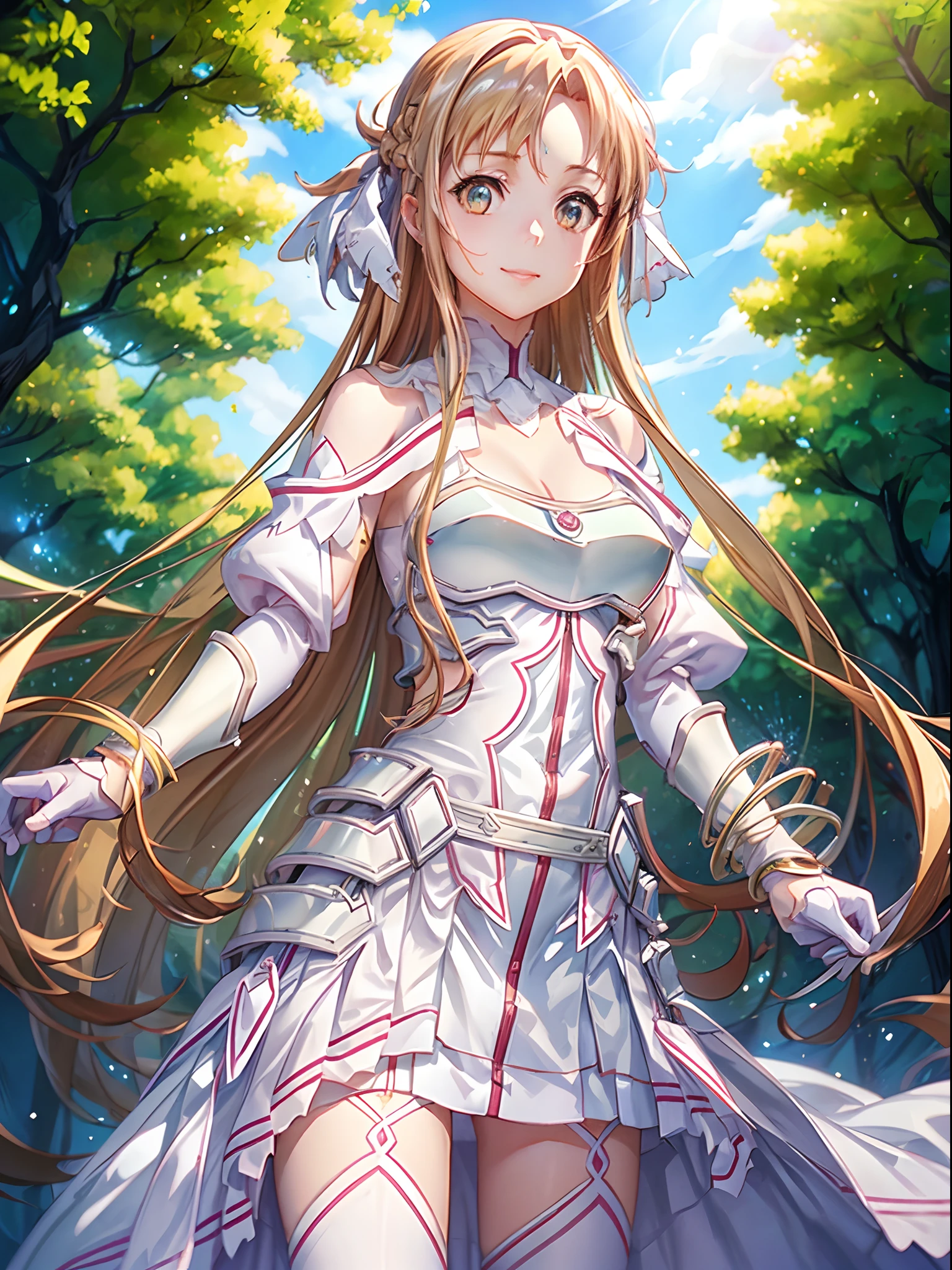 An ultra-high picture quality、(​masterpiece),illustratio,Stacia, Asuna, Asuna_\(stele\), 1girl in, Fantasia,((The sword、Longsword、Colorful eyes:1.15))、the whole、looking at from the front, landscapes, 上半身_Body, (standing on the grass), smil, 独奏, (They strive :1.2), length hair, A smile,, bangss, In the forest, orange color hair, gloves, doress、(cleavage of the breast:1.1)、bare shoulders​、Brown-eyed、Very long hair、white glove、robe blanche、open-chested、s Armor、garter strap、breezing、White armor,、[3D images:1.15],Attractive eyes、[[A detailed eye、Colorful eyes、radiant eyes:1.15]]、Cowboy Shot,8ＫImagen、(top-quality:1.2)