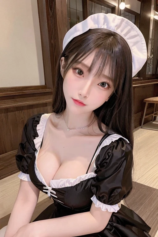 Masterpiece: 1.25, Best quality, High resolution:1.35, RAW photo:1.2, Photorealistic:1.37, Hyper-realistic, 16K, ((1girl)), there is a woman sitting on a stool in a room, anime girl cosplay, ayaka cosplay, cosplay, 2b, 2 b, , anime cosplay, cosplay photo, trending at cgstation, cosplay of a catboy! maid! dress, oppai cyberpunk, yoko taro, trending on cgstation, seductive anime girl, cosplayer, sakura kinomoto