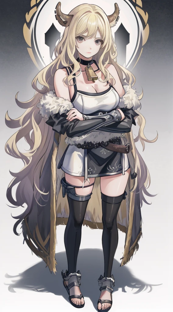 standing straight symmetrical, full body, solo girl looking to the camera, beautiful woman, viking warrior, fur cloak, armor, blonde hair, wavy hair, (closeup, portrait shot), (solo), realistic, cow bell choker, metal sandals, black thigh highs