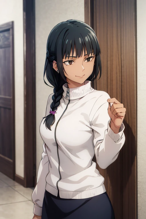 1 African-American woman, black with dark brown skin, looking at someone in front of her, dark brown eyes, smile, long hair, black hair, short, 1st year, closed mouth, standing, body turned to the right side, part upper body, female focus, interior, African hair braids, loose braids, long braided hair, knee-length black skirt, exposed legs, flower-shaped earrings, ear studs, Gakuran, masterpiece