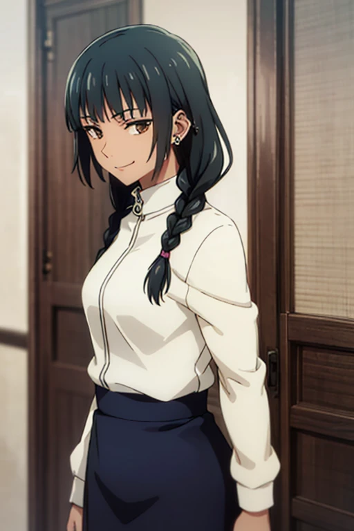 1 African-American woman, black with dark brown skin, looking at someone in front of her, dark brown eyes, smile, long hair, black hair, short, 1st year, closed mouth, standing, body turned to the right side, part upper body, female focus, interior, African hair braids, loose braids, long braided hair, knee-length black skirt, exposed legs, flower-shaped earrings, ear studs, Gakuran, masterpiece