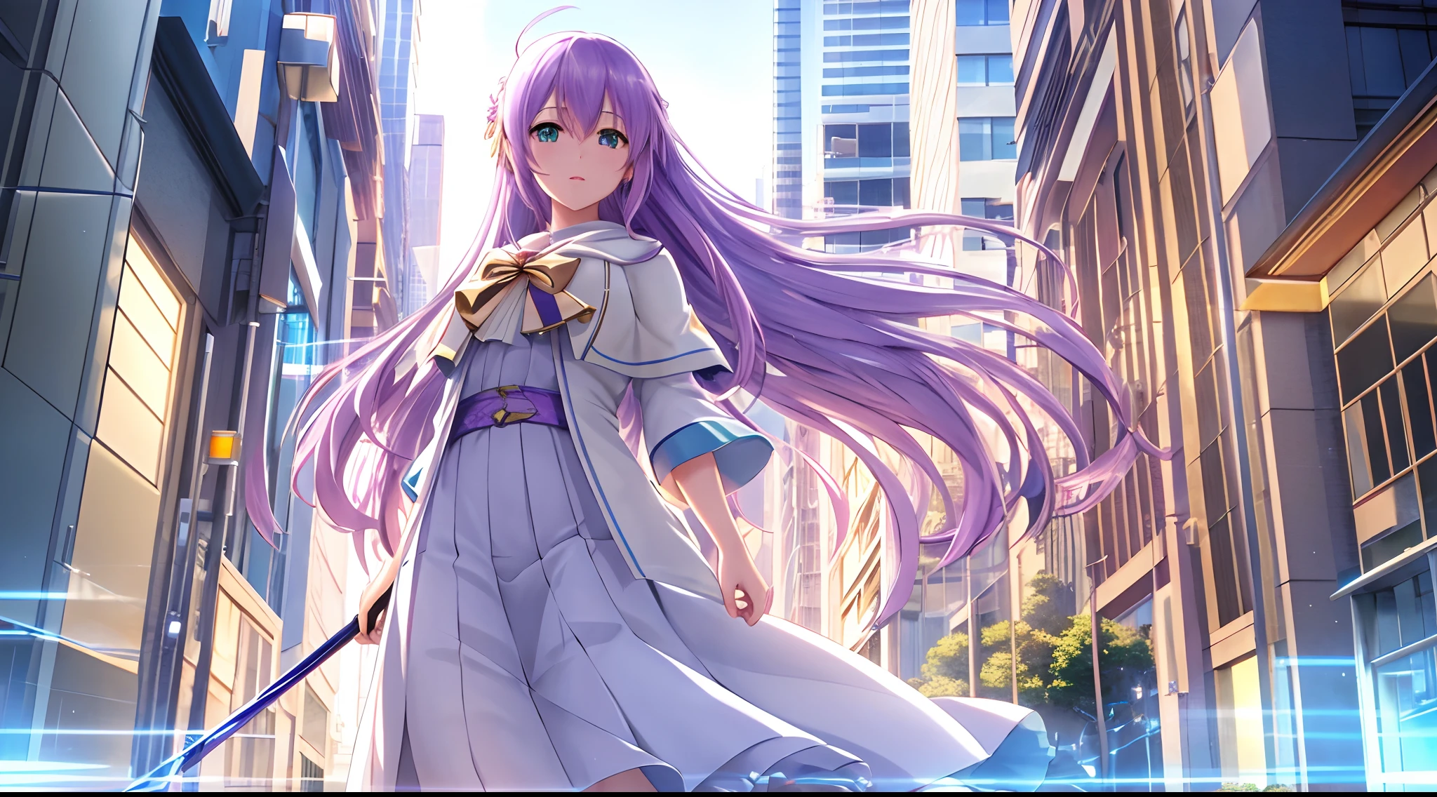 Athena with plain long light purple hair,hair between eyes,green eyes,rosy cheeks,full lips,thin eyebrows,slender body,wearing magical witch hood and full long skirt,cute anime girl,full body,futuristic city streets in background,anime style,extremely deep depth of field,Lumen Reflections,Screen Space Reflections,Diffraction Grading,Chromatic Aberration,GB Displacement,Scan Lines,Ray Traced,Anti-Aliasing,FXAA,TXAA,RTX,SSAO,Shaders,OpenGL-Shaders, GLSL-Shaders,Post Processing,Post-Production,cell Shading,Tone Mapping,CGI,VFX,SFX,insanely detailed and intricate, 4K,standing, solo, masterpiece, best quality, detailed face, detailed eyes, highres, standing, solo,masterpiece, best quality
