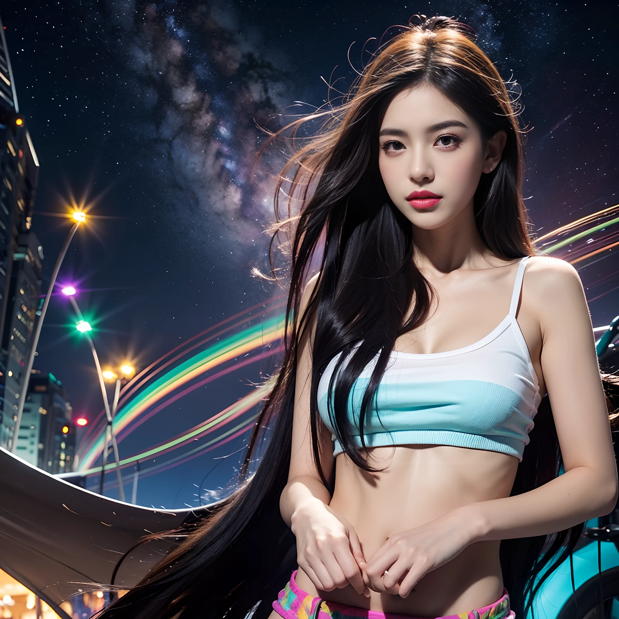 Jovem Mulher, estilo celestial, rave, Psychedelic Colors,