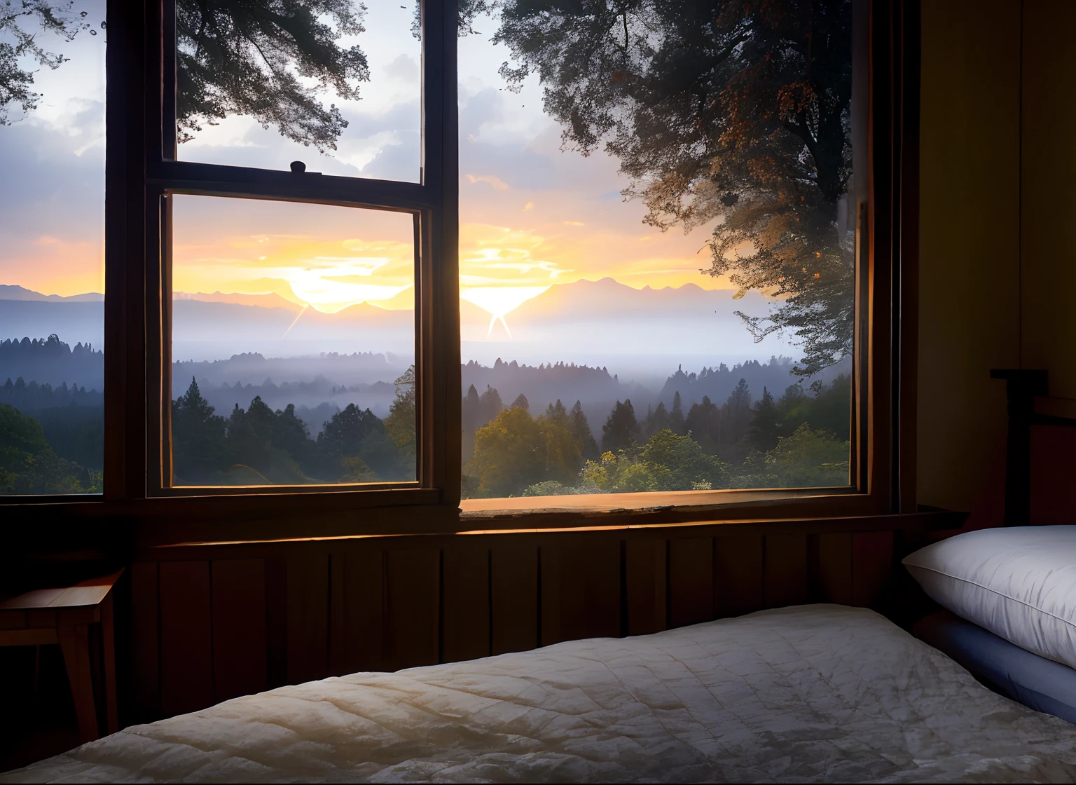 at nightfall, The sun goes down in the evening, Countryside, On the bed in the brown shabby wooden house in the woods, the grey sheets and quilt covers, the tall trees outside the big window, focus angled at the window, downpour rain, The wind is howling, the air is full of vapor fog, the wooden Windows, the blanket, the wool carpet, the movie perspective, 8k, photograph, high detailed,detail, high quality shadow,Realism