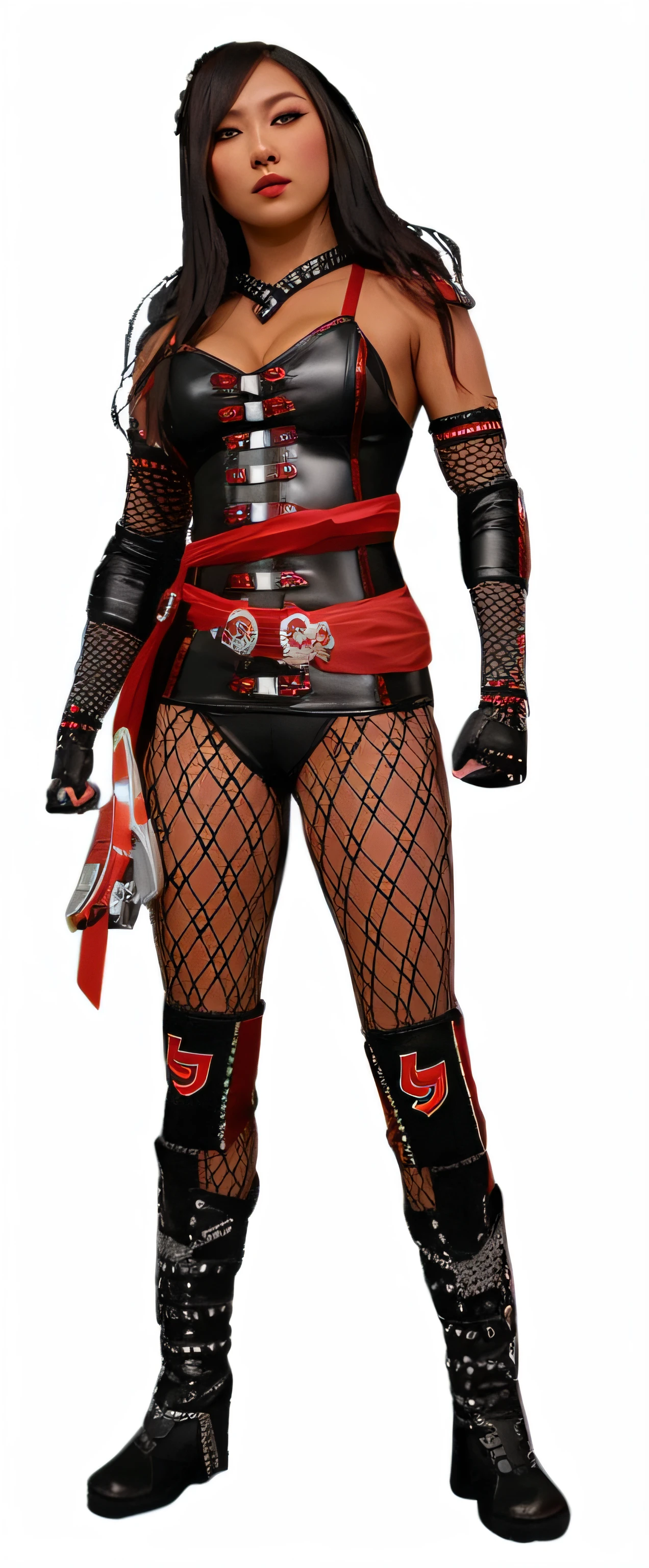 araffe woman in a black and red outfit posing for a picture, katana zero video game character, red and black costume!!!, as a character in tekken, katana, portrait ninja gaiden girl, katanas strapped to her back, dead or alive 6, asuka, full body close-up shot, kunoichi, ninja outfit, tai costume