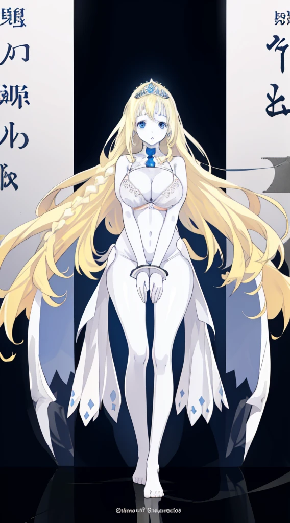 full body standing symmetrical barefeet ((very white skin, girl blue eyes, long blonde hair, big knockers cover BRA tiara))