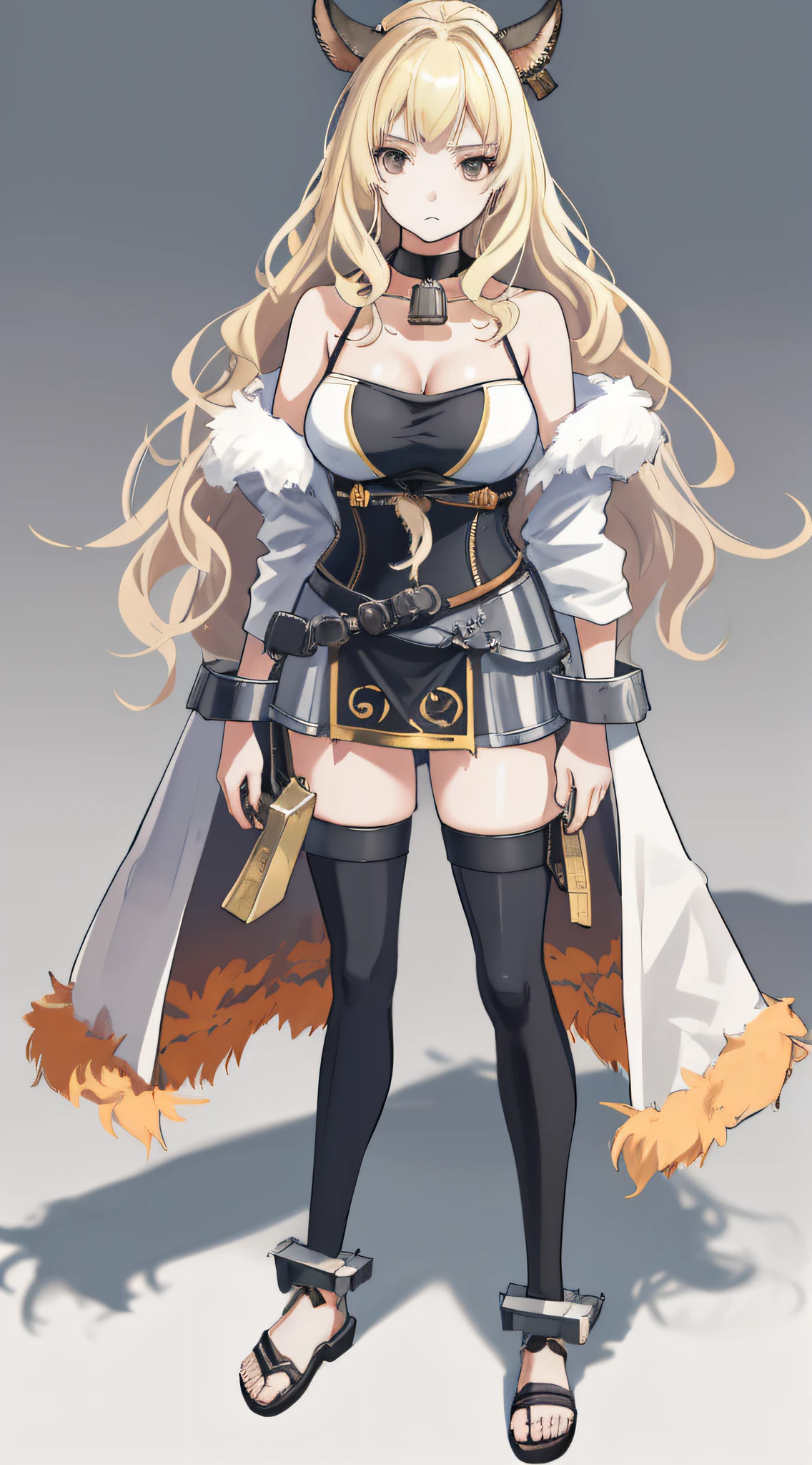 standing straight symmetrical, full body, solo girl looking to the camera, beautiful woman, viking warrior, fur cloak, armor, blonde hair, wavy hair, (closeup, portrait shot), (solo), realistic, cow bell choker, metal sandals, black thigh highs