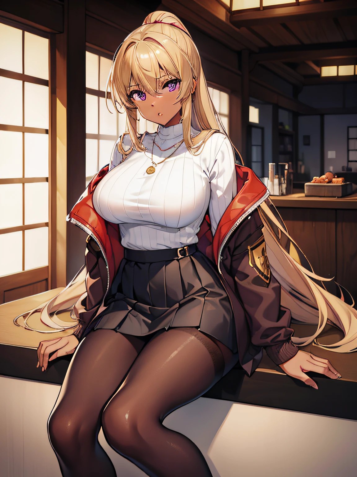 (((Best quality))), 1girl, brown skin, sweater, jacket, large breasts, purple eyes, long hair, blonde hair, skirt, pantyhose, Japanese, necklace, sitting