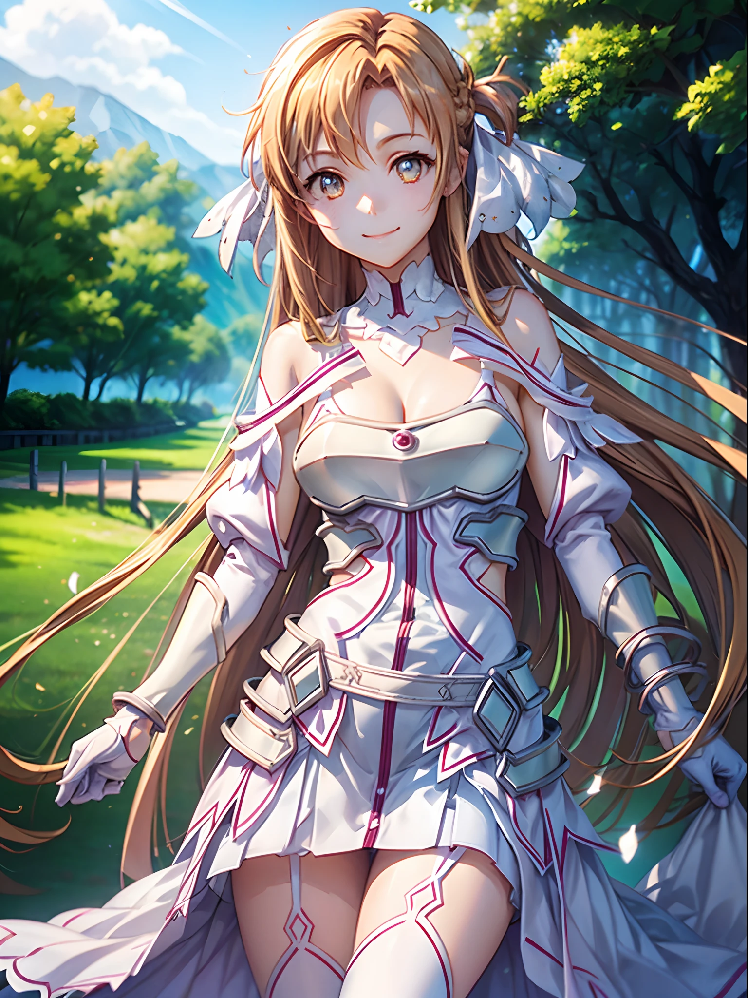 An ultra-high picture quality、(​masterpiece),illustratio,Stacia, Asuna, Asuna_\(stele\), 1girl in, Fantasia,((The sword、Longsword、Colorful eyes:1.15))、the whole、looking at from the front, landscapes, 上半身_Body, (standing on the grass), smil, 独奏, (They strive :1.2), length hair, A smile,, bangss, In the forest, orange color hair, gloves, doress、(cleavage of the breast:1.1)、bare shoulders​、Brown-eyed、Very long hair、white glove、robe blanche、open-chested、s Armor、garter strap、breezing、White armor,、[3D images:1.15],Attractive eyes、[[A detailed eye、Colorful eyes、radiant eyes:1.15]]、Cowboy Shot,8ＫImagen、(top-quality:1.2)