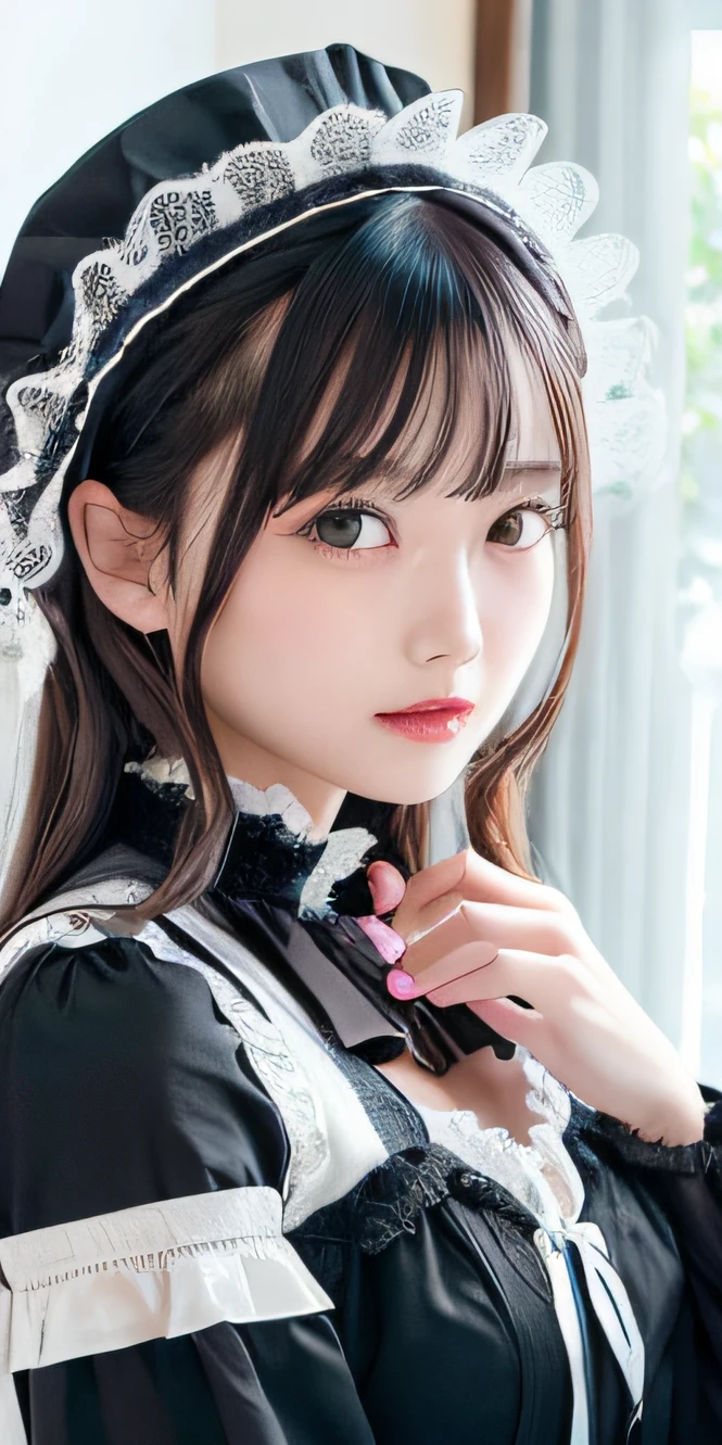 1 nogizaka girl, utterly cute, bishojo, 15yo, (gothic lolita fashion), an exquisitely detailed and beautiful face and eyes and skin, detailed black shine hair, elegant frills, frilled tie, ribbon tie, rose hair accessory, (smile at the camera), (cowboy shot), (castle in europe), professional lighting, BREAK, (realistic, photo-realistic:1.37), 8k, (masterpiece), (best quality:1.4), (ultra high res:1.2), (RAW photo:1.2), (a dress with delicate lace, soft fabric, and a beautiful rose pattern), perfect anatomy, 4fingers and 1thumbs, ultra detailed background, (unity 8k wallpaper)