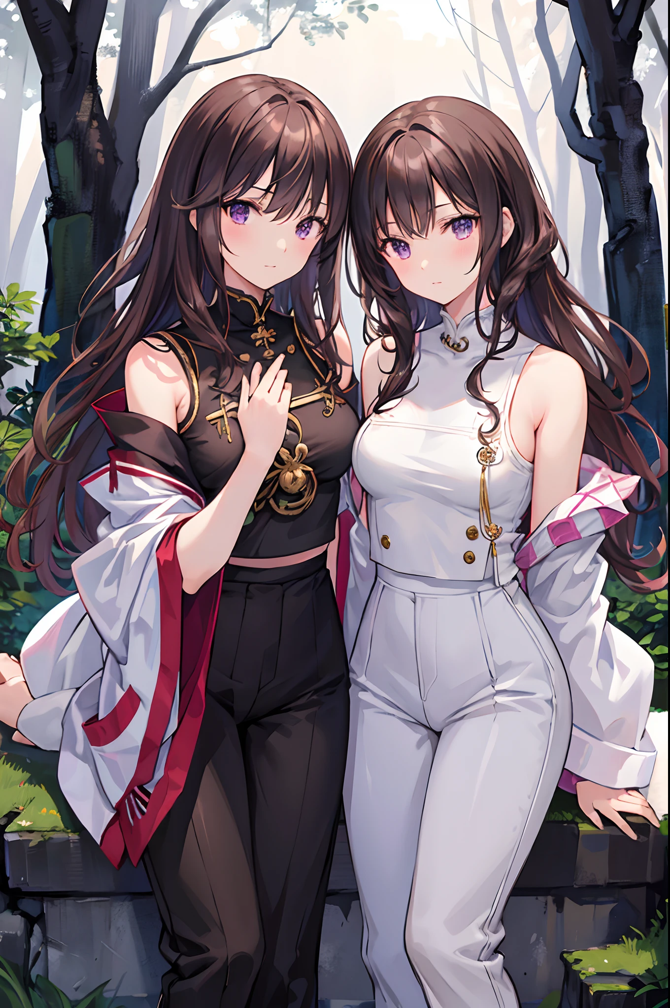 8K, Best Quality, masutepiece, Highly detailed, semi - realistic, girl with, girl with, 20 years old, looking hand, long dark brown hair with bangs,, Curly hair, Purple eyes、 Black Japanese style cut clothes, White pants, Bare shoulders, golden details, Thin figure, Pleasured look, love scene, Outdoors, Forest background, Lots of trees and dark sky