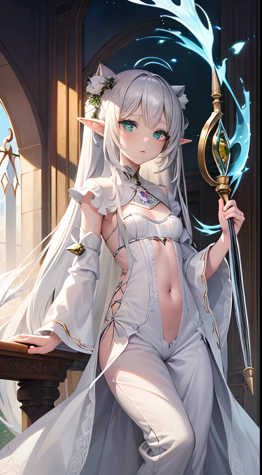 {{{masterpiece}}}, {{{best quality}}}, {{ultra-detailed}}, {illustration}, {{an extremely delicate and beautiful}},(1girl), white hair, green eyes,shiny skin,expressionless,(robe),staff,((long twin tail)), elf,fantasy,((pants)),boots