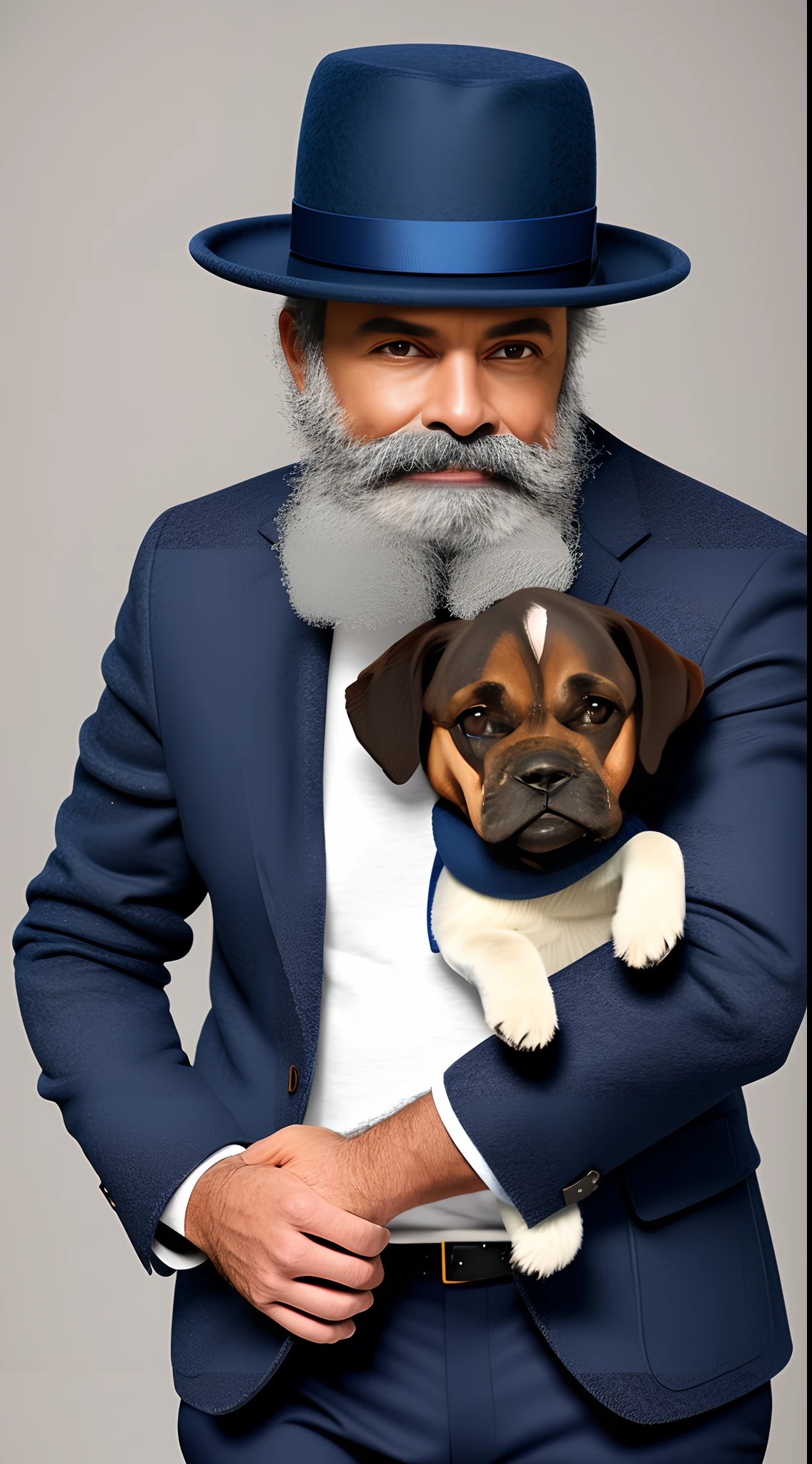 Um homem de barba branca ,with a blue felt hat ,com um casaco bege, navy blue fabric trousers, e um cachorro na coleira peludo cor de caramelo, realistic high resolution image.