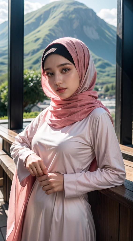 long tshirt Outfit, (RAW photo, Materpiece, Best Quality), Flower Mountain, Landscape view, Natural Weather style, on the Cloudy aesthetic, Modelling Posing, Clothes that are covered and polite, long-sleeved Hijab clothes, look polite and elegant, ((Best Quality Hijab Hair, Hair close with Hijab)), (Mixed Albanian, Germany, British, Khushi Kapoor), Full Body Close-Up, (realistic, photo-realistic:1.3), Head Covered With Hijab, Pinafore Dress, best quality of Hijab Girl, Full Hijab Dress, highly detailed Hijab, masterpiece, ultra-detailed, illustration, 1girl, upper_body, dynamic angle, world masterpiece hijabi, best Quality, extremely detailed CG unity 8k wallpaper, pink ink, Amazing, cinematic lighting,