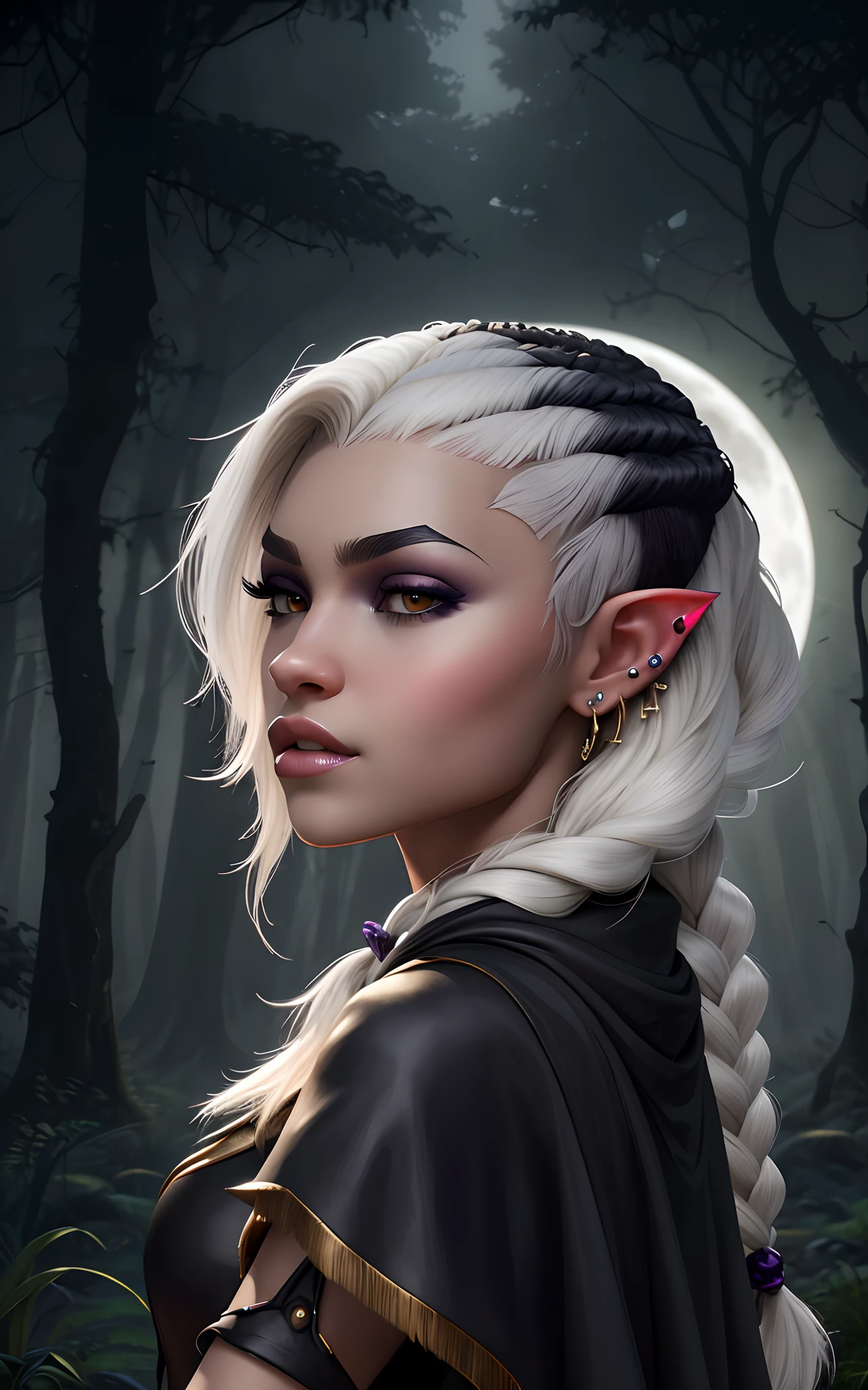(Dark elf witch), the face of zendaya:Dua lipa, pointy ears, grey skin, white hair, (high top fade haircut), (one braid in one side of the head), masterpiece, dark forest in the background, fog, in the night, full moon ligth, 8k, detailed digital art, piercings.