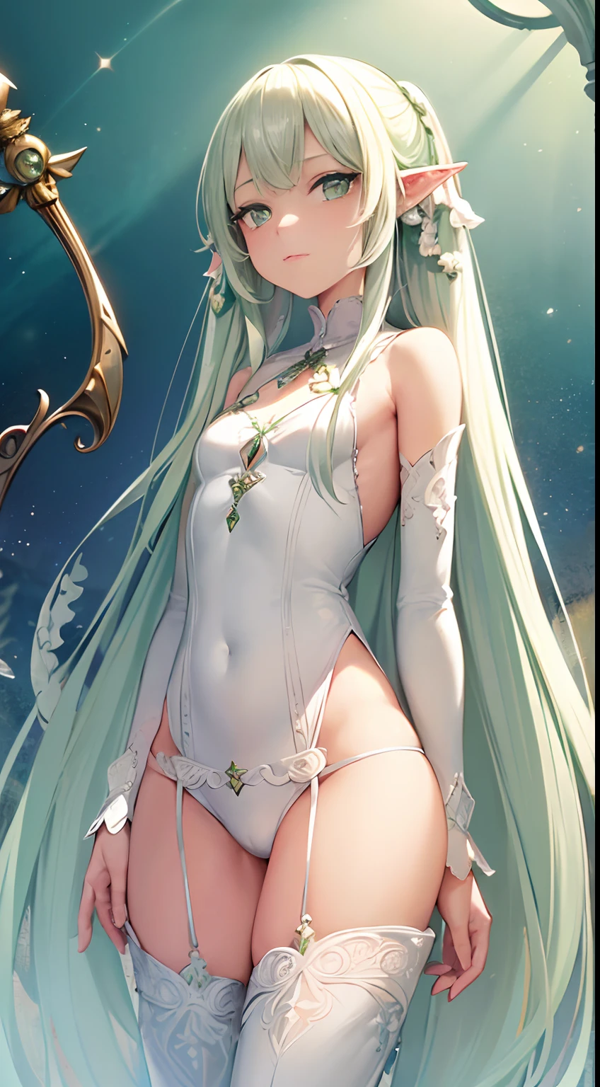 {{{masterpiece}}}, {{{best quality}}}, {{ultra-detailed}}, {illustration}, {{an extremely delicate and beautiful}},(1girl), white hair, green eyes,shiny skin,expressionless,(robe),staff,((long twin tail)), elf,fantasy,((pants)),boots