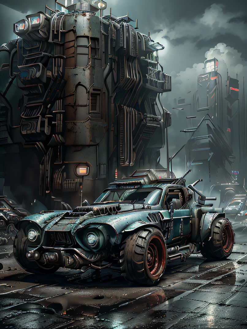 ((​masterpiece、top-quality、realisitic、ultra-detailliert、hight resolution、Photorealsitic、foco nítido、photographrealistic、Raw photography、lighting like a movie))、High brightness、at noon、Wasteland、((Futuristic Cyberpunk Hot Rod))、High vehicle height、(With glowing tires)、Red、3/4Front view