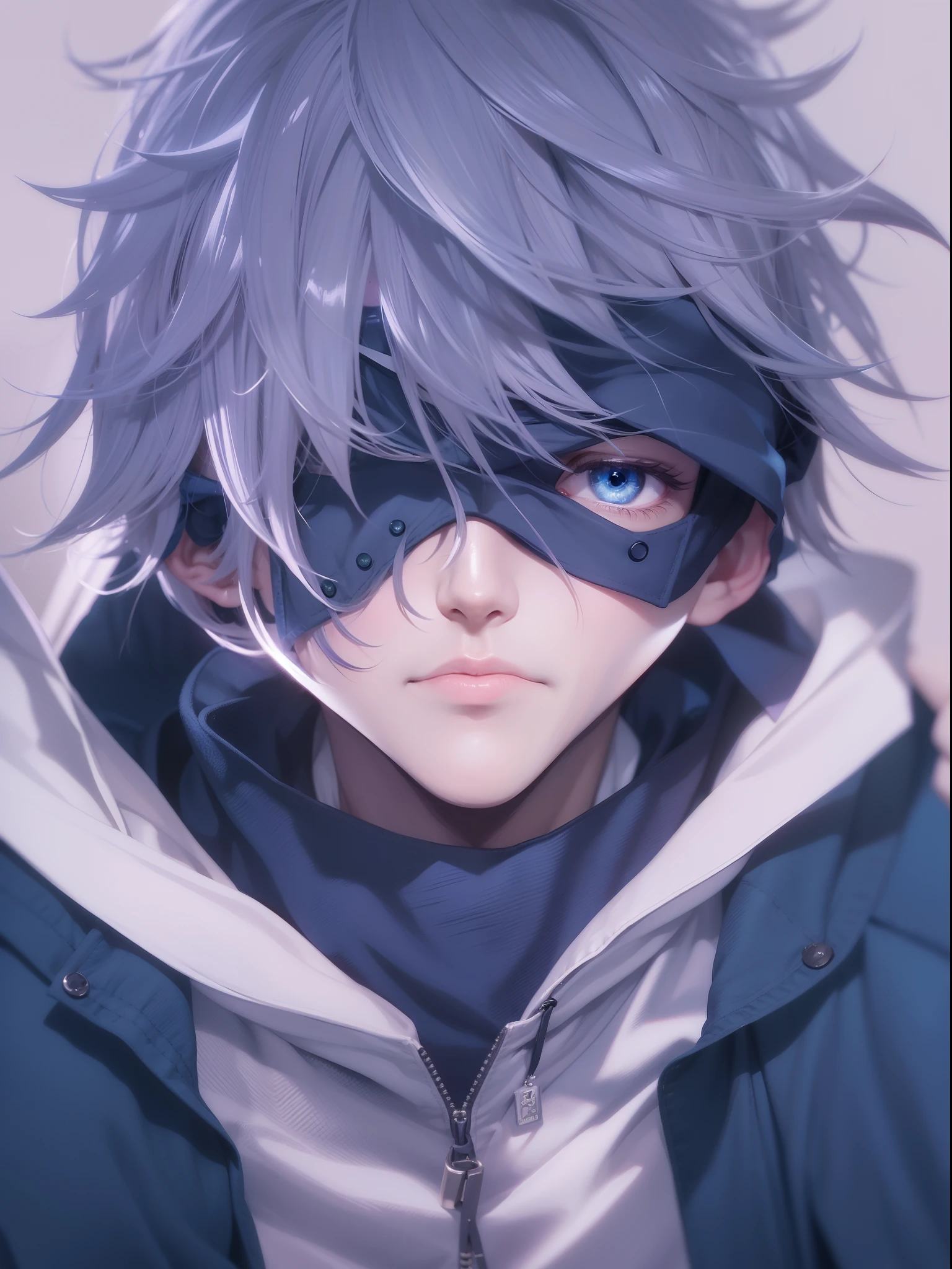 1male, gojo Satoru, anime style, dark blue clothes, dark blue blindfold on eyes, purple and white hairs, epic background, 8K resolution, extremely detailed, best quality, masterpiece collection, Japanese anime, Gege Akutami