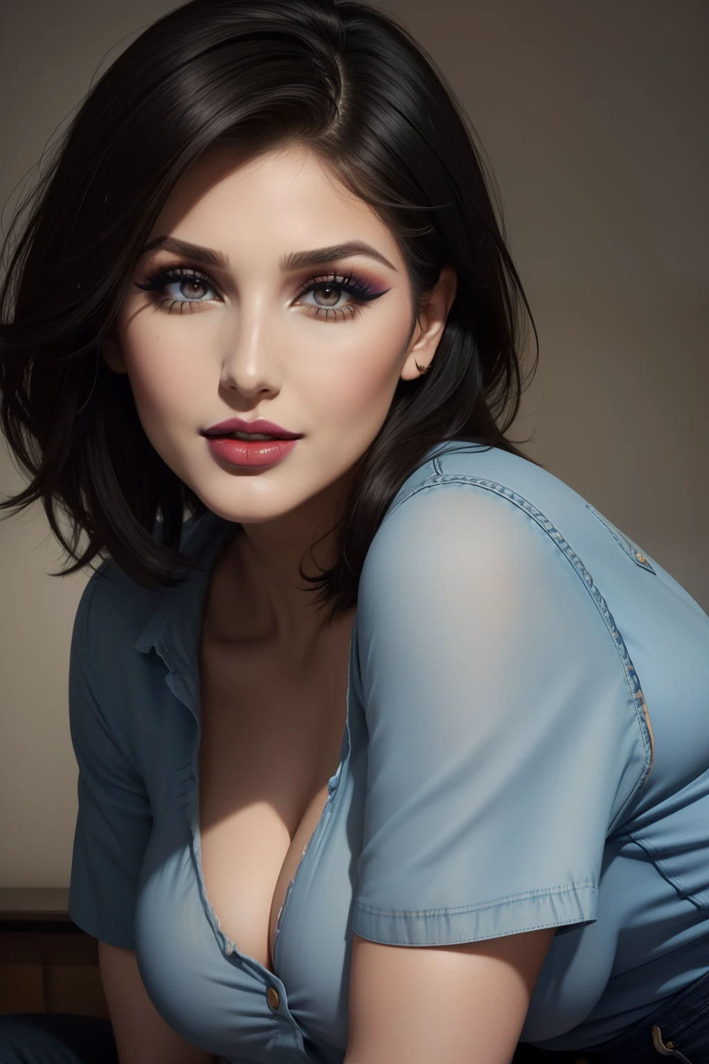 Lucy Pinder, face portrait, ((Very Intense Makeup)), smiling, ((natural lipstick)), ((woman with makeup)), short hair, black hair, straight hair, Voluptuous Woman, short sleeve blouse, black blouse stained, blue jeans
