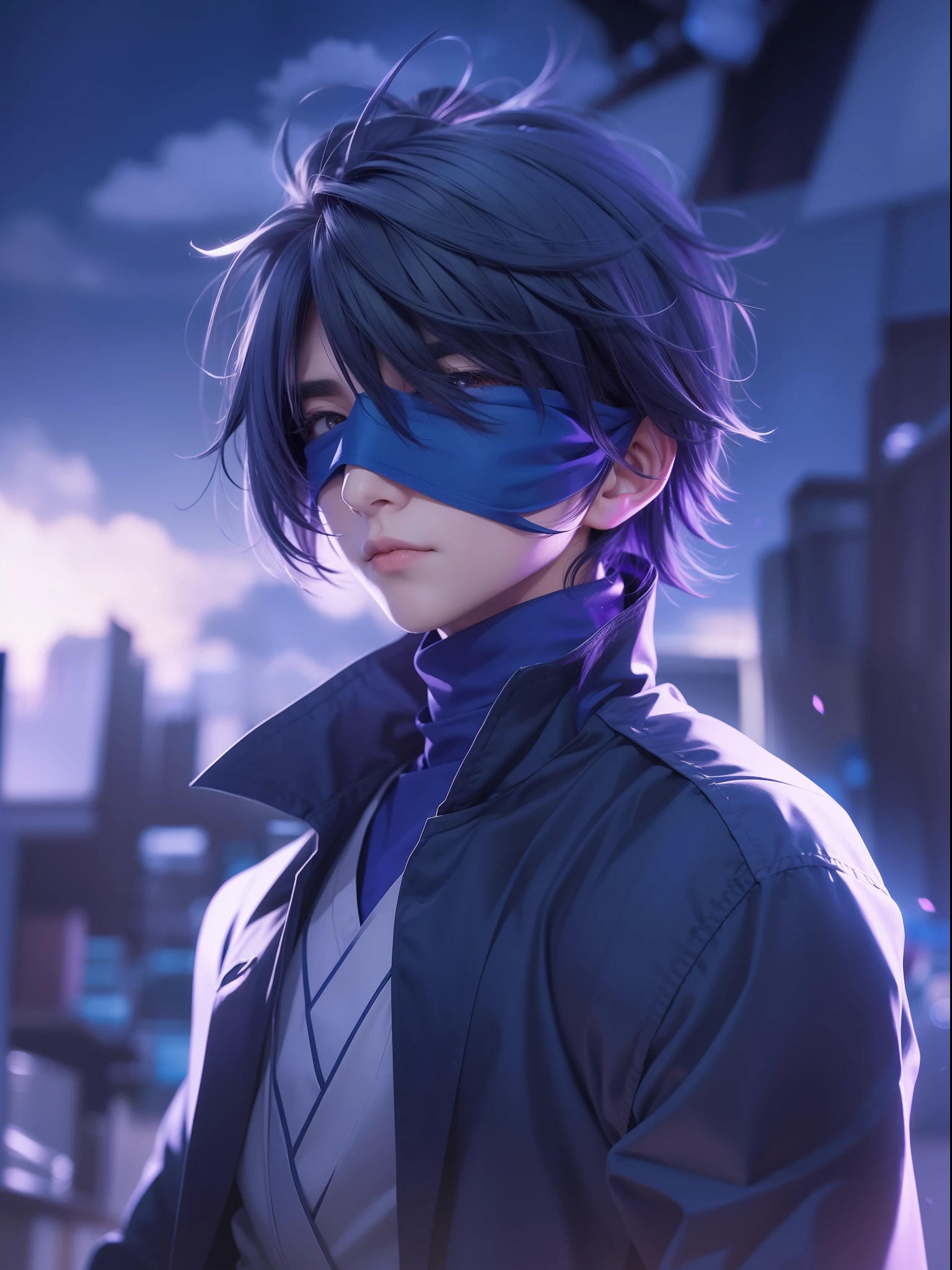 1male, goju Satoru, anime style, dark blue clothes, dark blue blindfold, purple and white hairs, epic background, 8K resolution, extremely detailed, best quality, masterpiece collection, Japanese anime, Gege Akutami