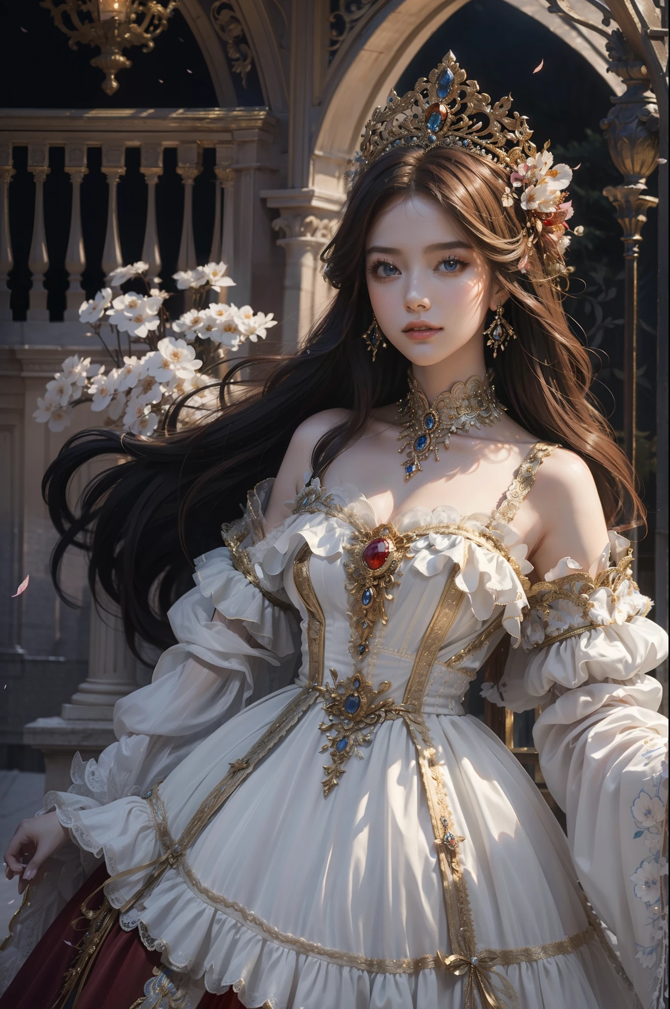 ((top-quality、​masterpiece、photographrealistic:1.4、8K))、1 beautiful detailed girl、extremely detailed eye and face、beatiful detailed eyes、（Complex luxury red dress in medieval European style、Luxurious dress hat in medieval European style）、Luxury accessories、Elegant smile、natta（Depict a scene of a princess standing on the balcony of a castle。Hair swaying in the wind and a dress complement her noble vibe。）、Cinematic lighting、Textured skin、Super Detail、high detailing、High quality、hight resolution、（looking at the viewers）、Petals flutter