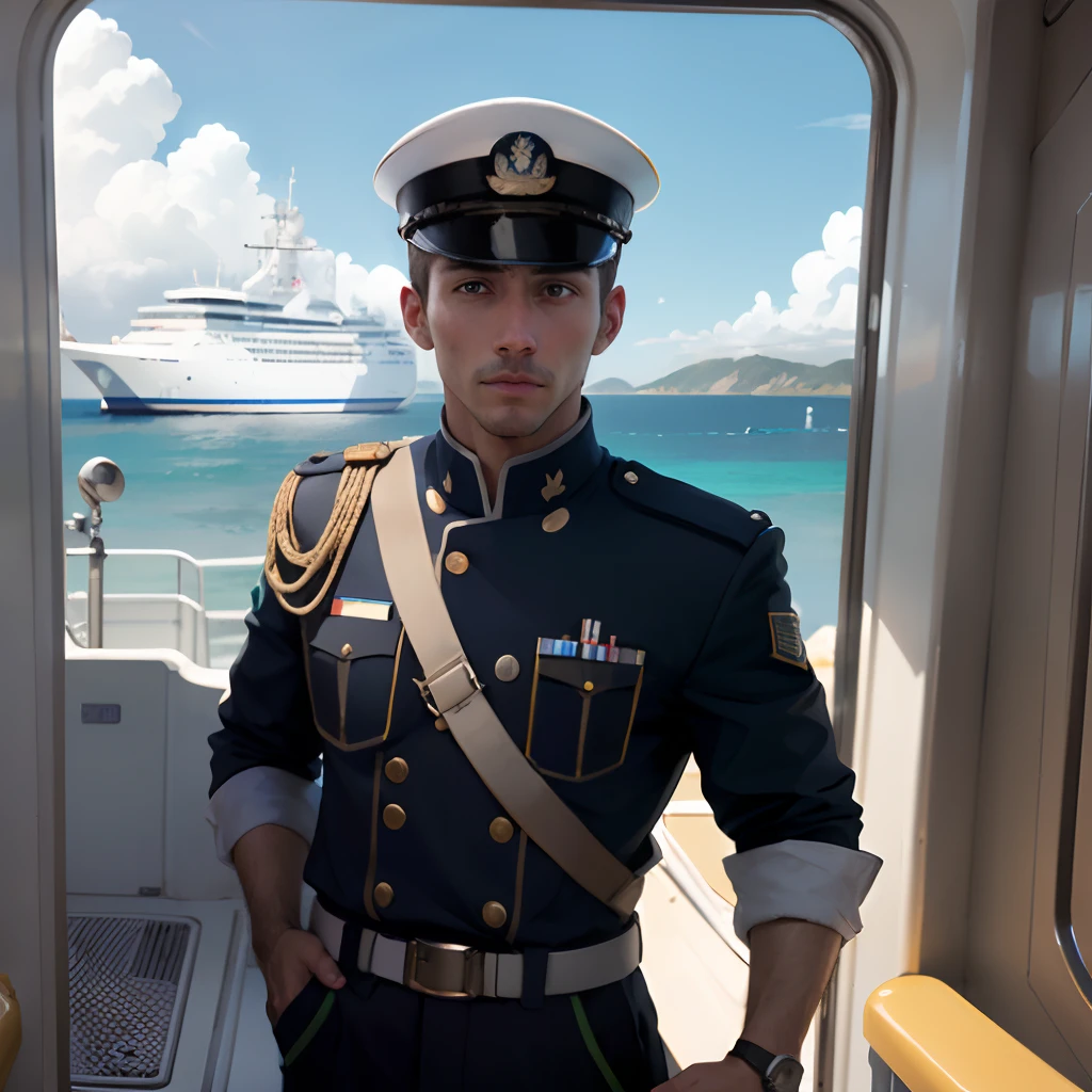 Homem, cinquenta anos, europeu, olhos verdes, aspecto amigavel, Crew Captain, em primeiro plano, a bordo de uma moderna cabine de comando, vestindo um detalhado uniforme branco da marinha. Ao fundo um lindo mar azul com um grande navio de cruzeiro navegando. A blue sky on a sunny day. Super detalhes.