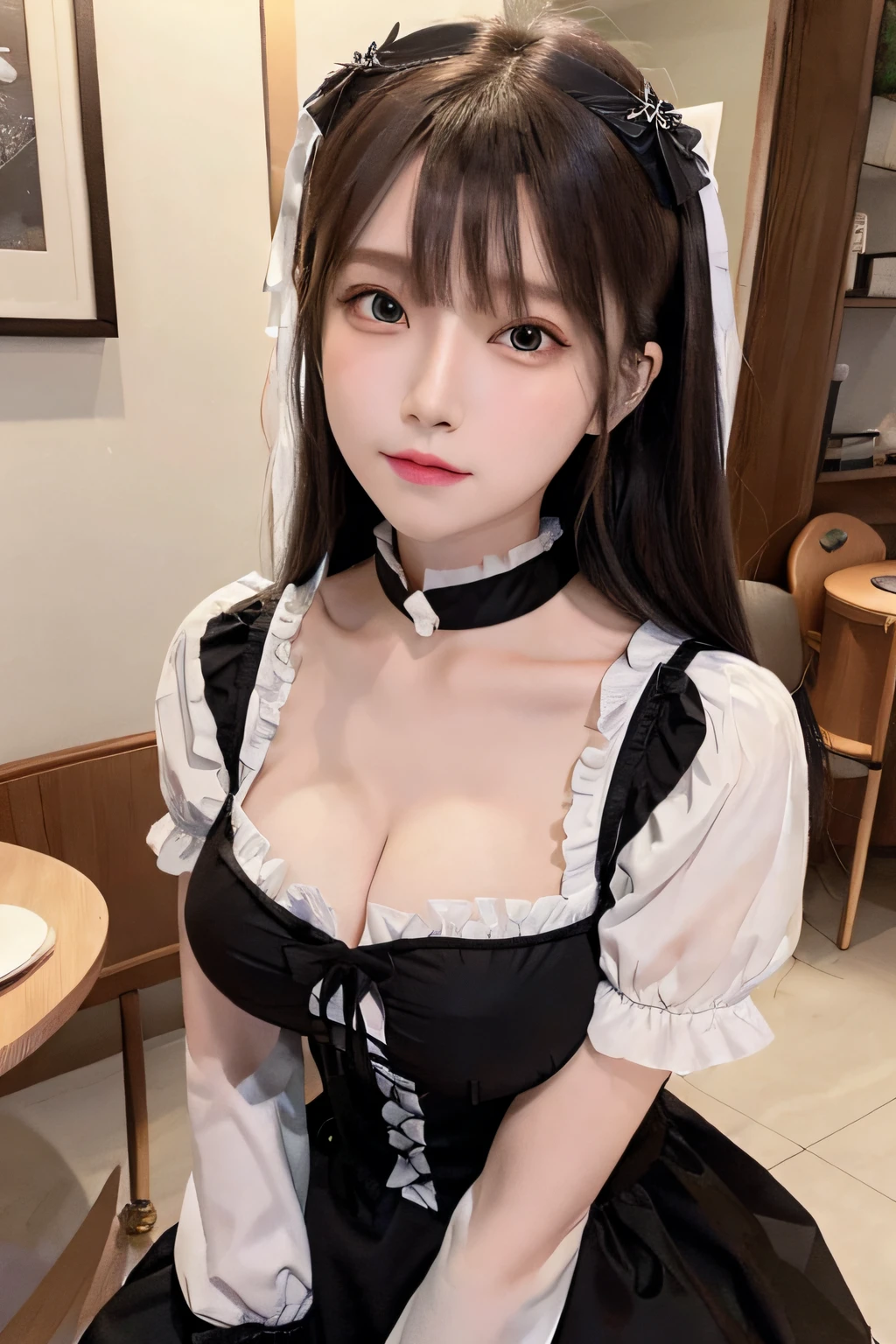 Best Quality Detail:1.2, realisitic, 8K UHD, hight resolution, 1girl in:1.2, The ultra-detailliert, High quality textures, intricate detailes, detaileds, Very detailed CG, High quality shadows, Detail Beautiful delicate face, Detail Beautiful delicate eyes, depth of fields, Ray traching, -yeld wo, Pretty Kpop Girl, Korean Urzan Face:1.1, Slender face, ulzzang -6500-v1.1:0.6, pureerosface_v1, gloweyes, teak, Glossy lips, perfectbody、(Naughty smile:0.8)、sitting on、thin-waist、Slim body、tits out、cleavage of the breast、((maid clothes))、Gothic lolita、Photorealsitic:1.4, ultra-detailliert, photos realistic, Full Color RAW Photos, Fuji Film(Medium format:1.2), Incredible dynamic range photography(UTIL_Art by Smoose-768:1.1), hight resolution, High pixel count, clear details, crisp image, Natural color reproduction, Noise Reduction, High fidelity, qulity, Software Improvements, Upscaling, Optimized algorithms, Pro-level retouching、(((Maid Cafe)))、tea shop、Dynamic Pose