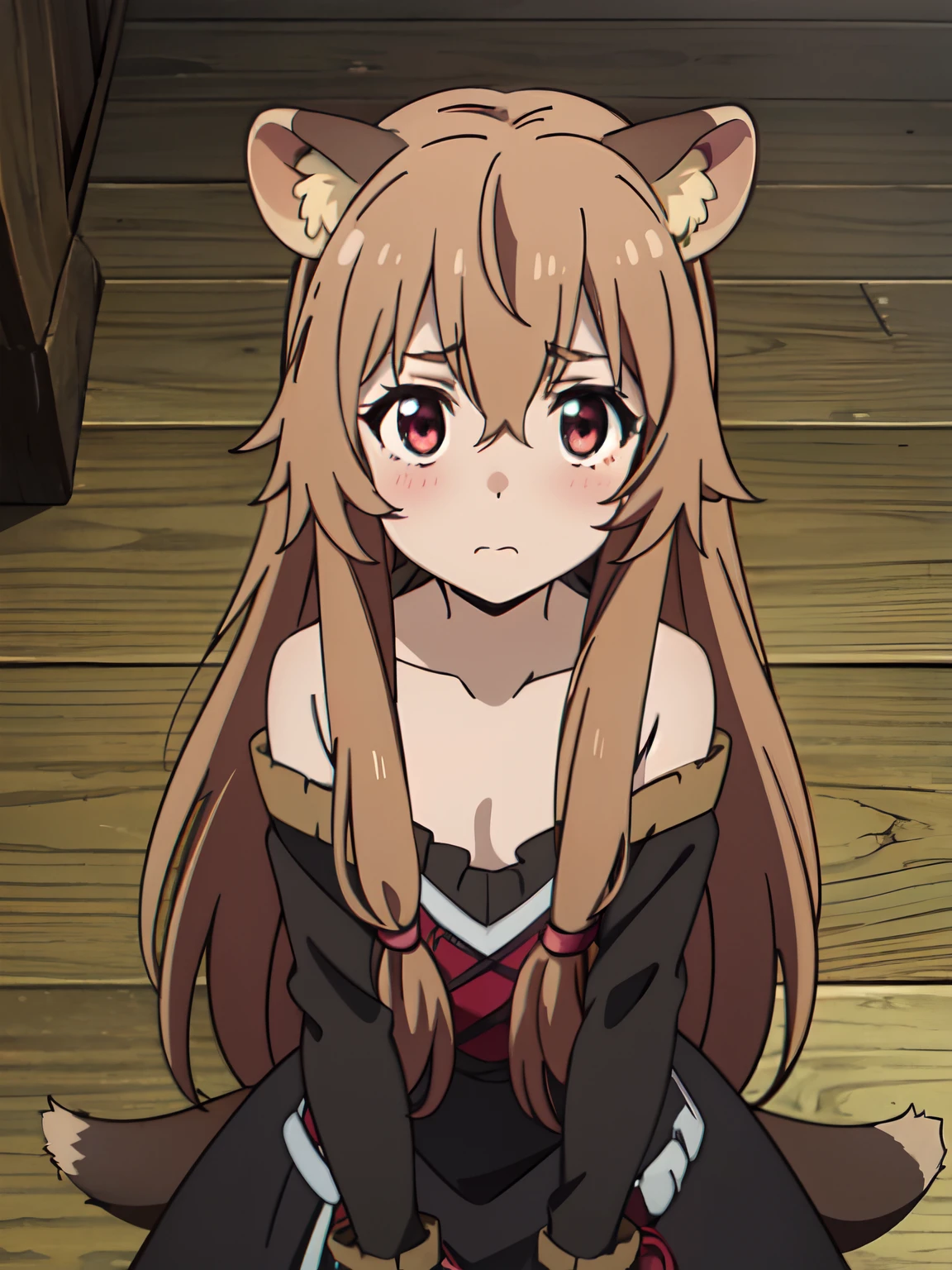 raphtalia,bangs,long_hair,brown_hair,animal_ears,raccoon_girl,raccoon_ears,hair_between_eyes,animal_ear_fluff, raccoon_tail,tail, highres, anime screencap,standing, blush, embarrassed, looking at viewer, child, looking up, from above, loose shirt