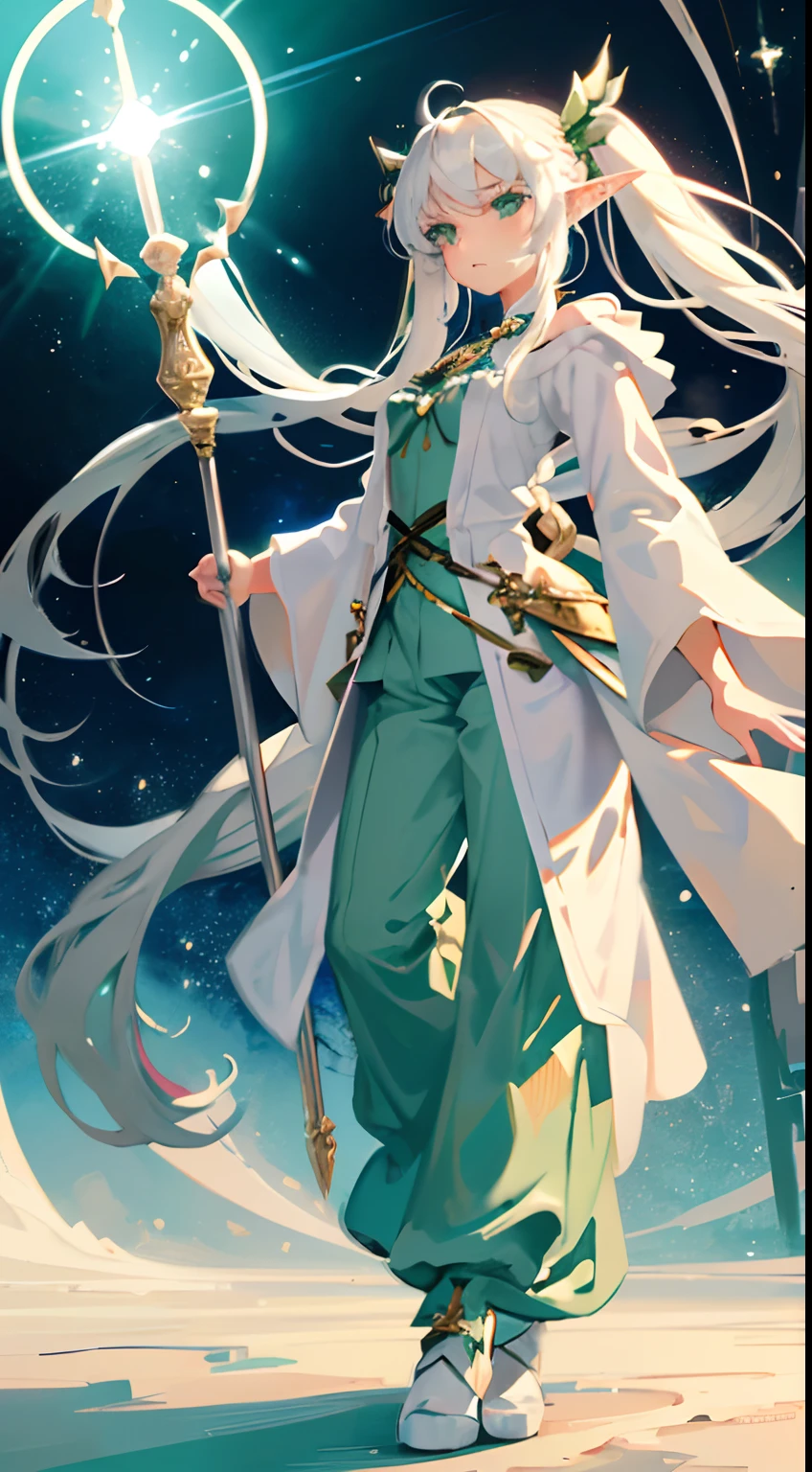 {{{masterpiece}}}, {{{best quality}}}, {{ultra-detailed}}, {illustration}, {{an extremely delicate and beautiful}},(1girl), white hair, green eyes,shiny skin,expressionless,(robe),staff,((long twin tail)), elf,fantasy,((pants)),boots
