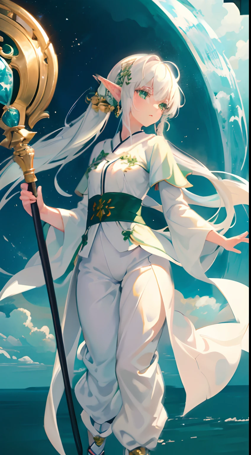 {{{masterpiece}}}, {{{best quality}}}, {{ultra-detailed}}, {illustration}, {{an extremely delicate and beautiful}},(1girl), white hair, green eyes,shiny skin,expressionless,(robe),staff,((long twin tail)), elf,fantasy,((pants)),boots