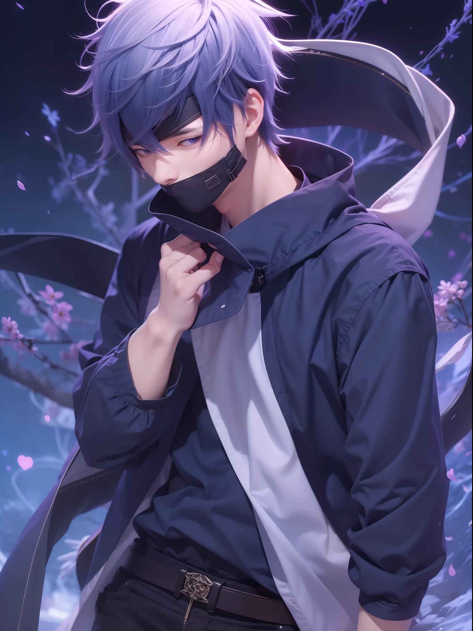 1male, goju Satoru, anime style, dark blue clothes, dark blue blindfold, purple and white hairs, epic background, 8K resolution, extremely detailed, best quality, masterpiece collection, Japanese anime, Gege Akutami