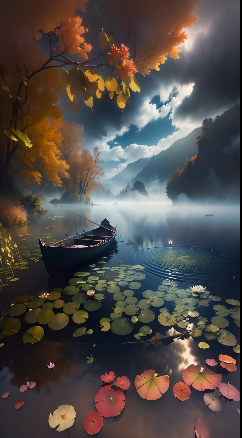 there is a boat that is floating in the water with lily pads, mystical lake, beautiful digital artwork, dreamy scene, 3 d render and matte painting, autumn tranquility, lost in a dreamy fairy landscape, perfect composition artem demura, dreamy matte painting, tranquility, by andrey ryabovichev, in a serene landscape, realistic fantasy render