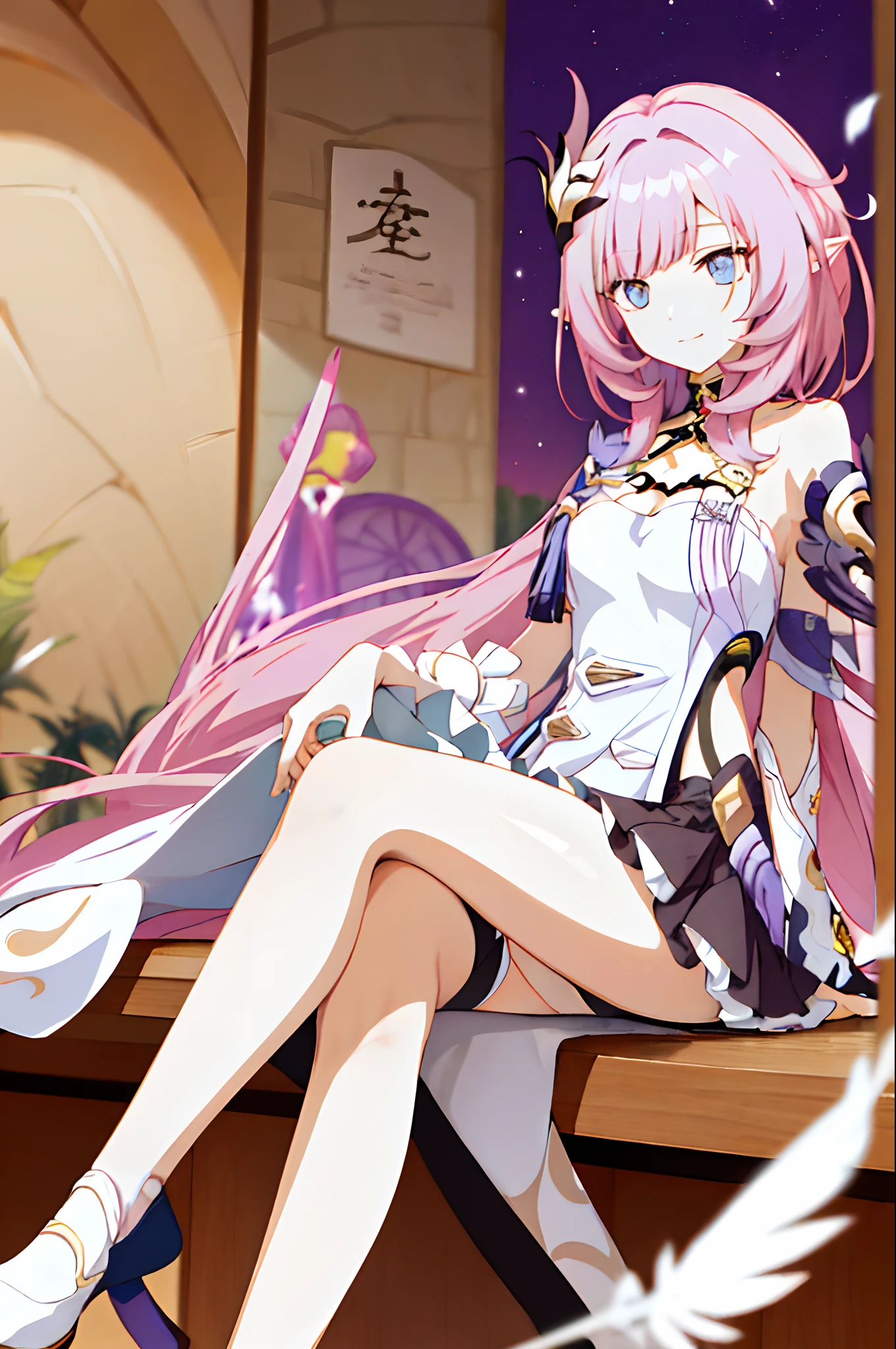 Secondary Elements，Honkai 3，Alicia，(((pink hair)))，Blue eyes，Long Whitr hair，Big woman，Best Quality Keeper，Pointed ears are slightly shorter，By Bangs，dated，long eyeslashes，（（Dishbread Hair）），（（White feather hair ornament）），ssmile，White off-the-shoulder ceremony，Palm up，Dull hair，anime artsyle,genshin impact，Long Whitr hair，Extra-long hair，wind，Sit at the front of the table，Look ahead，Anime girl sitting at table,Long, flowing hair，at the house，Affectionate expression,((stocklings, Cross your legs)),