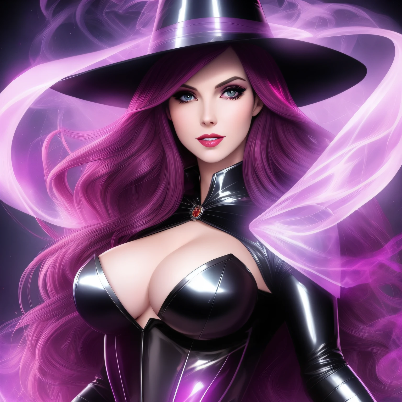 close up, Amouranth as Zatanna из DC Comics, epic villainess, witch, goddess, looking at viewer, Ghost, Dark, Ultra Detailed, pink transparent smoke swirls around her, real, high detail, best quality