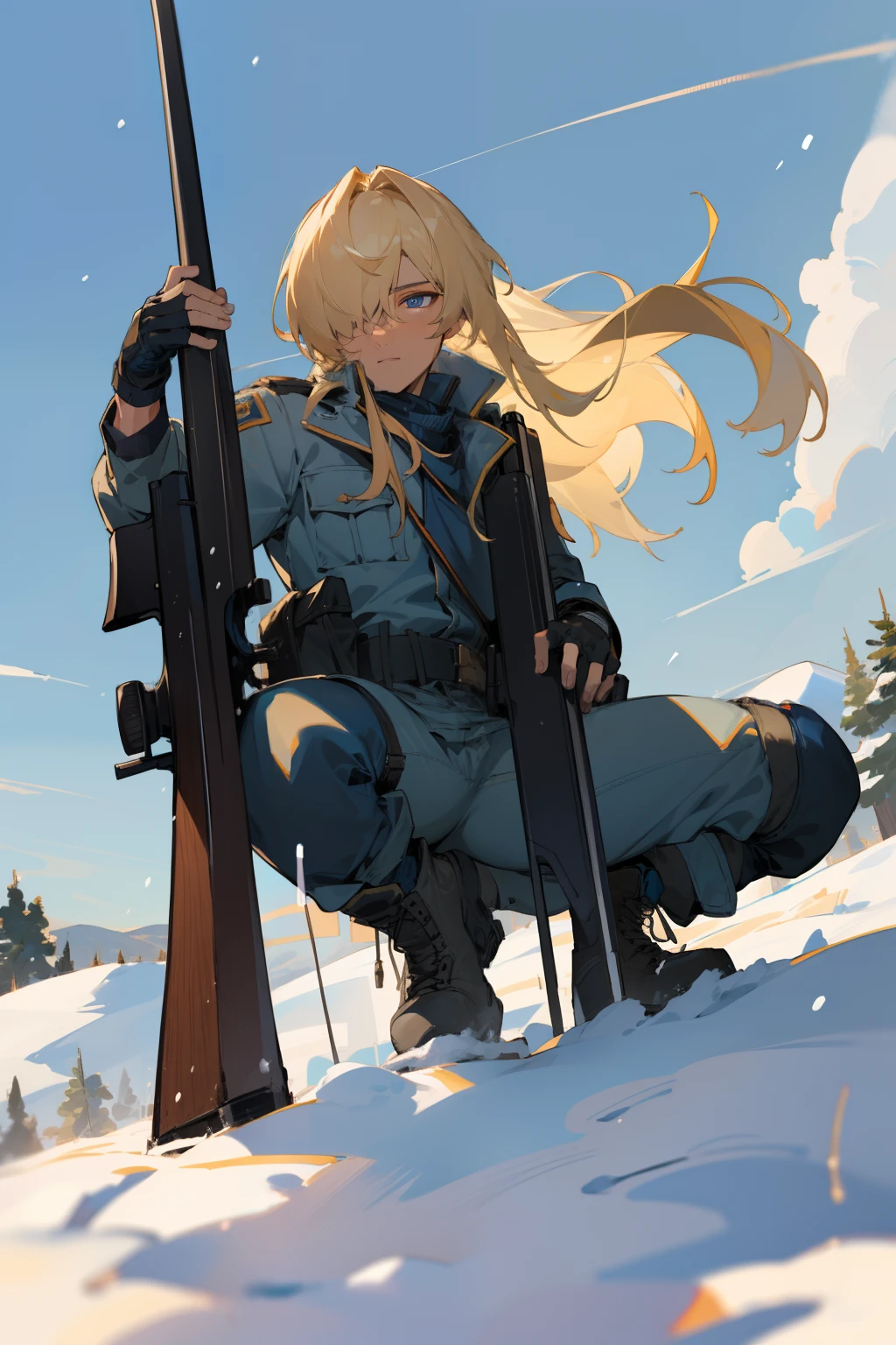 masterpiece, best quality, male, blue eyes, blonde, hair over one eye, blue jacket, belt, blue pants, fingerless gloves, cross-laced boots, holding sniper rifle, snow, one knee, from side, wide shot, blue sky