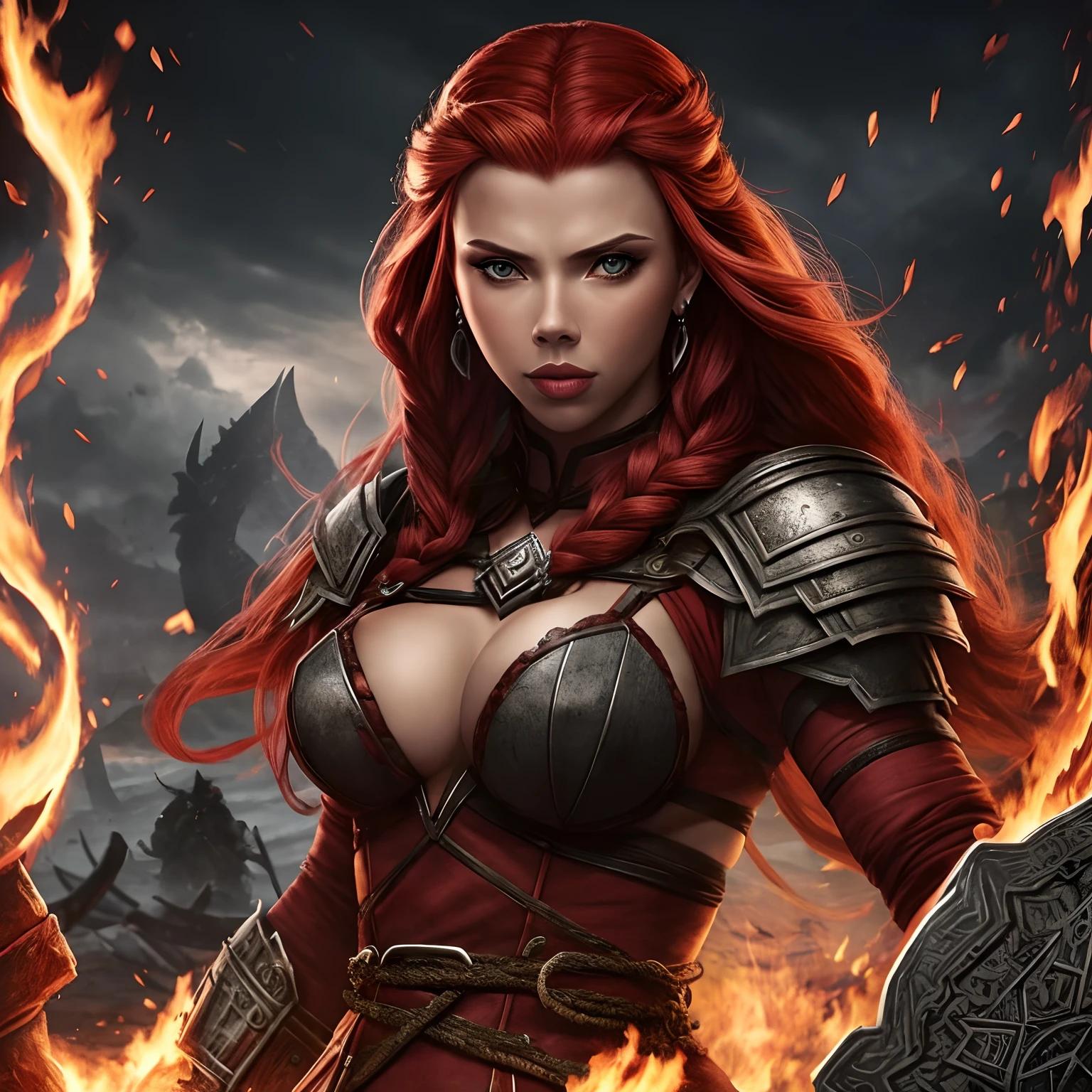 Berserker, barbarian woman(Scarlet Johansson),  Arte de Fantasia, of his gaze alone enemies beginning to panic, one head, devilish smile, besta do inferno, demonio, White Fire Sky, guerreira, com foice e escudo, Linda, Mulheres, Werelion, Long red braided hair, olhos dourados brilhantes, realista, altamente detalhados, Motor irreal, 8k de luxo