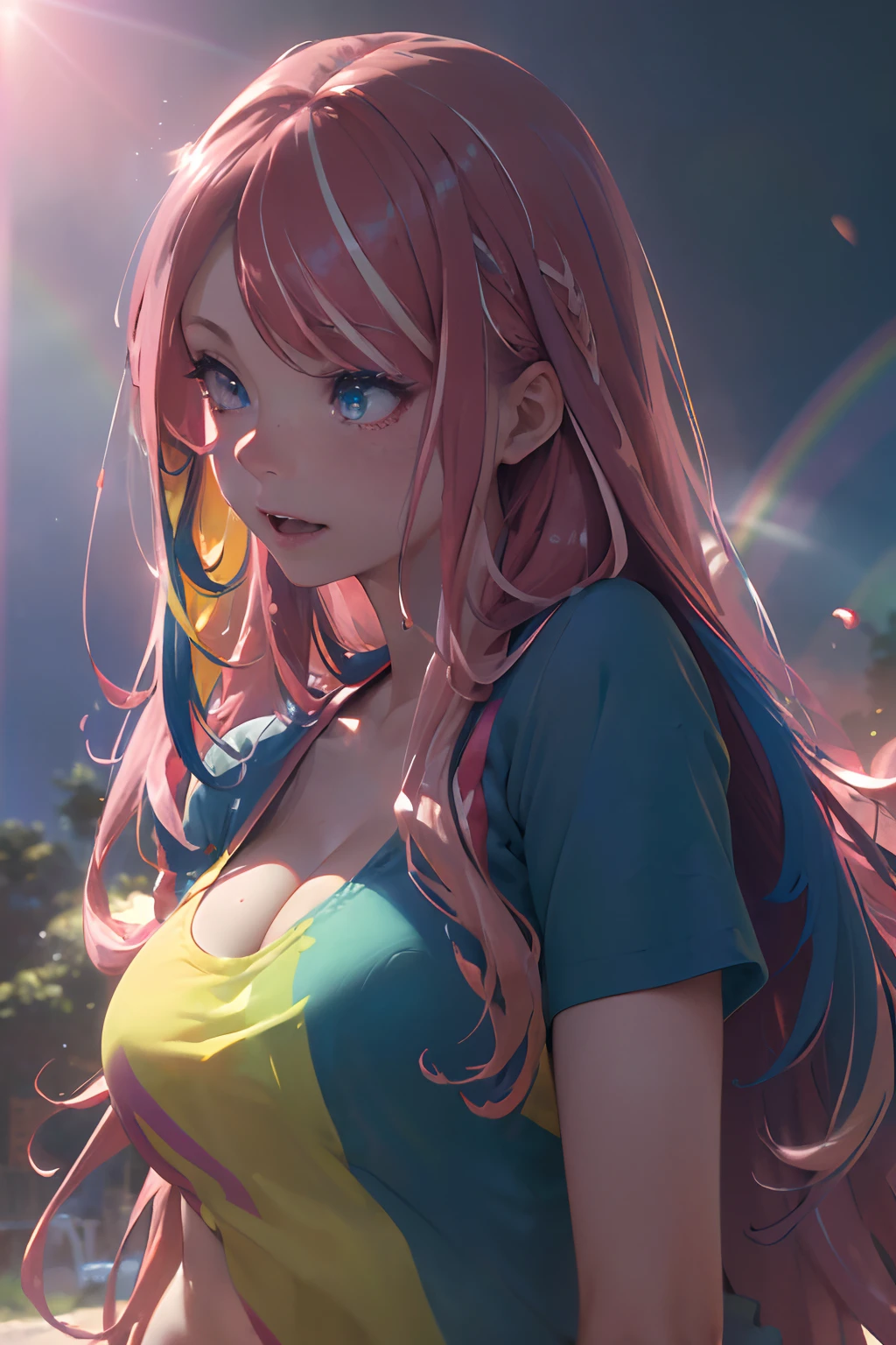 park,dressed, cleavage,flirting on camera,(photo realistic:1.4), (hyper realistic:1.4), (realistic:1.3),(smoother lighting:1.05), (increase cinematic lighting quality:0.9), 1girl, 18yo girl, (long pink hair, (multicolored) blue red yellow rainbow hair:1.6),realistic lighting, backlighting, light on face, sun shining, shiny skin, sun flare,(blue eyes:1.4),(brightening light:1.2), (Increase quality:1.4),(best quality real texture skin:1.4), finely detailed eyes, finely detailed face,(tired and sleepy and joy), face closeup, t-shirts,(Increase body line mood:1.2), (Increase skin texture beauty:1.2)