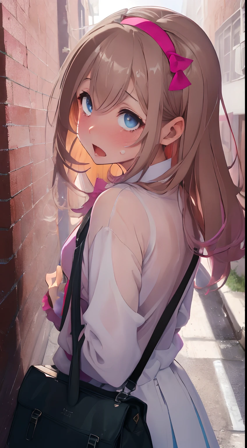 Back alley with concrete wall,fluffy hair,Light brown hair with pink inner color,Blue eyes,Clothes with white skirts and see-through tops with lots of frills,Light blue, yellow, Orange and green,Long sleeves with a sense of transparency,Clothes are out of place,Hair Band,Boston Bag&Carry Bag,SEX,AHE Face,The back is visible,Pulling up your hair,He looked at me anxiously,Look back,A face that looks like it's about to start crying,Teary-eyed,Anxious and troubled face, A half-open mouth that is about to be kissed,It has a lustful look,Sleepy face,heart mark,Smokexxx,red tide,