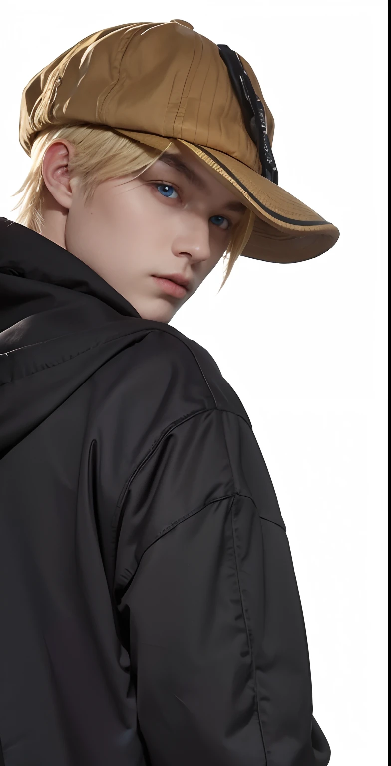 A man with yellow hair wearing a realistic hat, exactly the same realistic hat, realistic blue eyes, realistic handsome face, realistic cool expression, realistic black hoodie, realistic light,Realistic shadows, realistic background