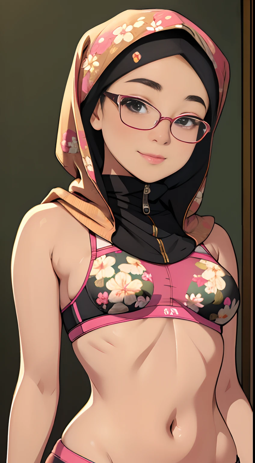 (iu:0.8),((small breast)),  chubby, RAW, Best quality, high resolution, Masterpiece: 1.3, Beautiful glasses javanese woman in floral hijab, Masterpiece, Perfect slim body, Beautiful big eyes, Soft smile, Wearing neon sports bra