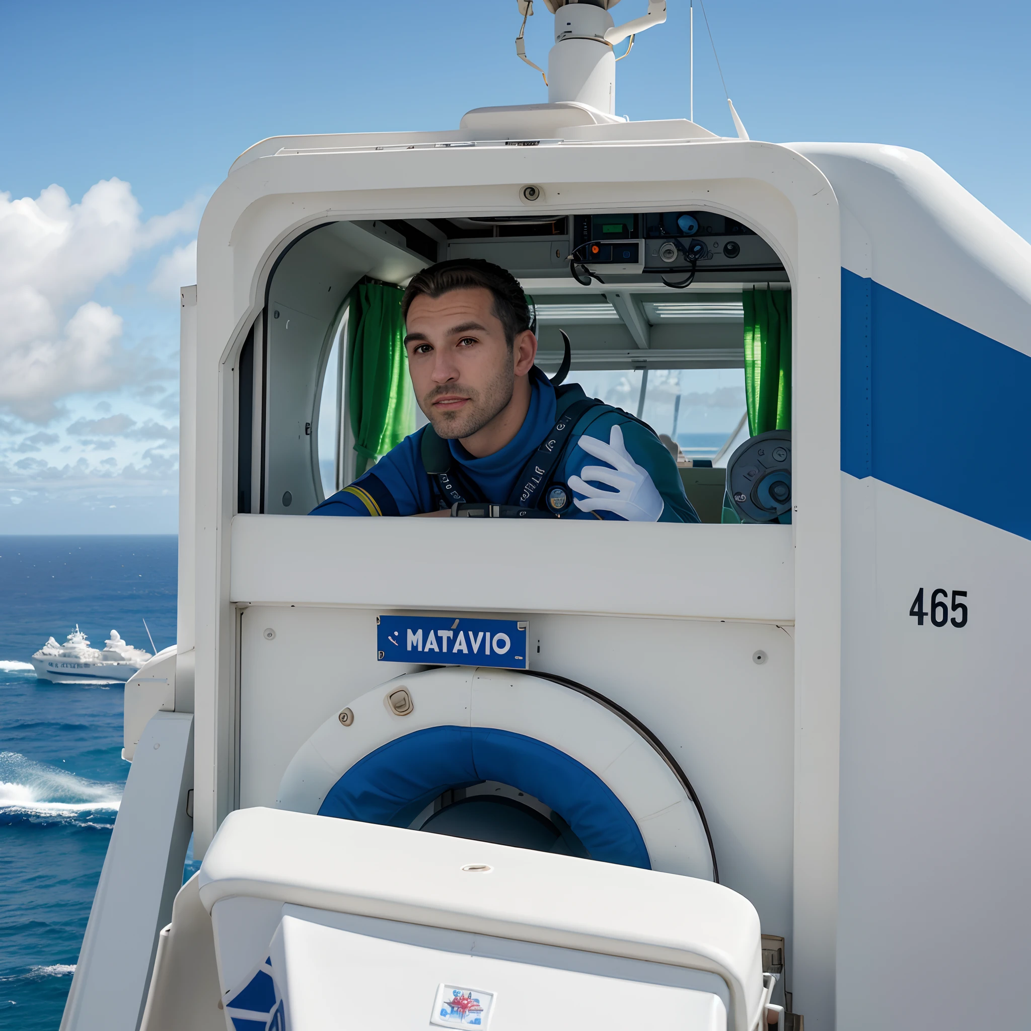 Homem, cinquenta anos, europeu, olhos verdes, aspecto amigavel, Crew Captain, em primeiro plano, a bordo de uma moderna cabine de comando, vestindo um detalhado uniforme branco da marinha. Ao fundo um lindo mar azul com um grande navio de cruzeiro navegando. A blue sky on a sunny day. Super detalhes.