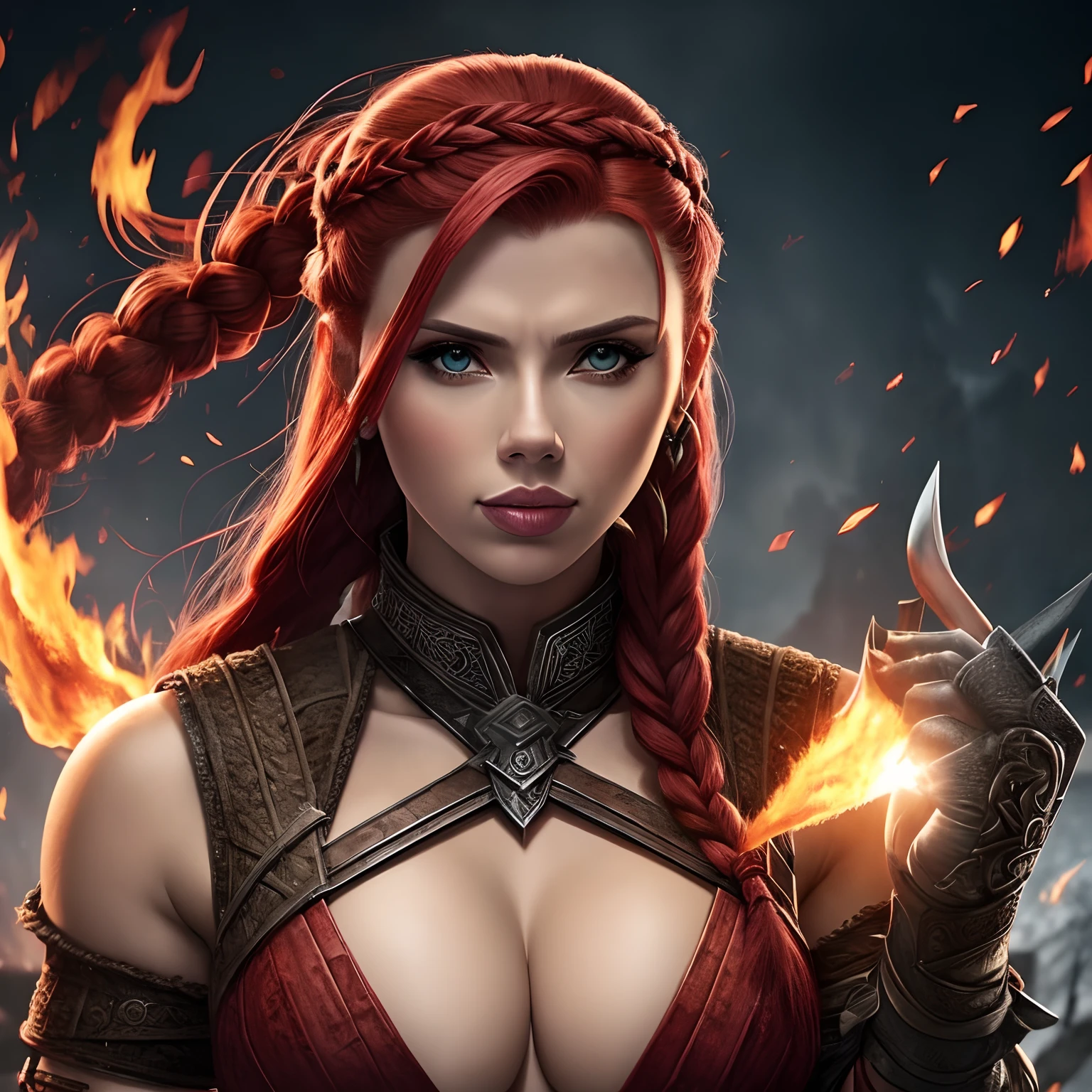 Berserker, barbarian woman(Scarlet Johansson), Arte de Fantasia, of his gaze alone enemies beginning to panic, one head, devilish smile, besta do inferno, demonio, White Fire Sky, guerreira, com foice e escudo, Linda, Mulheres, Werelion, Long red braided hair, olhos dourados brilhantes, realista, altamente detalhados, Motor irreal, 8k de luxo